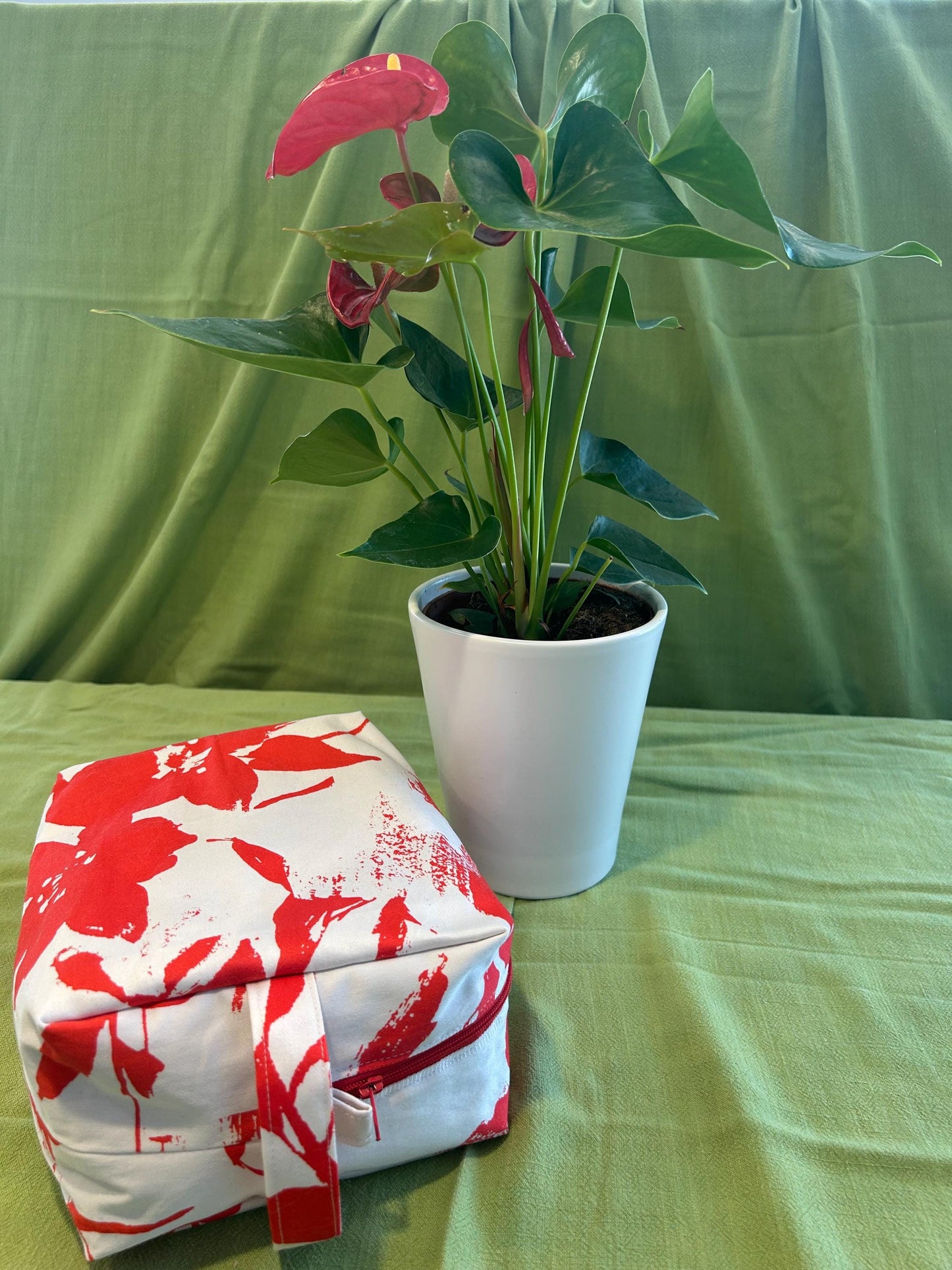 Handmade Red Floral Boxy Makeup Bag: Medium Zipper Pouch