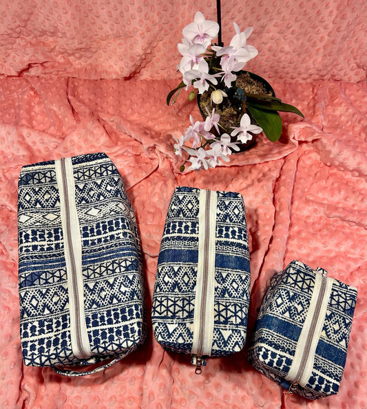 Quilted Makeup Bags Set: Blue & Cream Boxy Pouches - HAKAN Design
