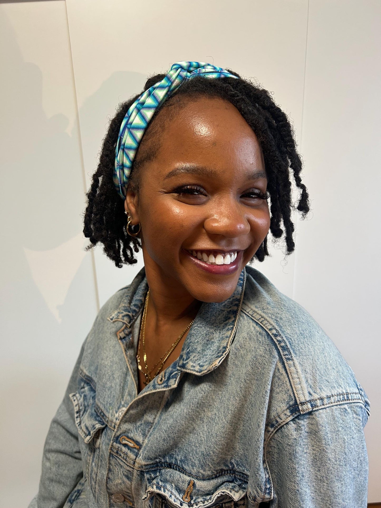 Knotted Turban Headband: Geometric Blue, Wide Twist - Active Wear