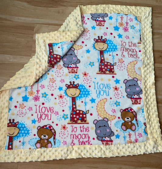 Baby Blanket - Fleece/Flannelette Self-Binding / Yellow  "I love you to the moon and back" | baby shower gift