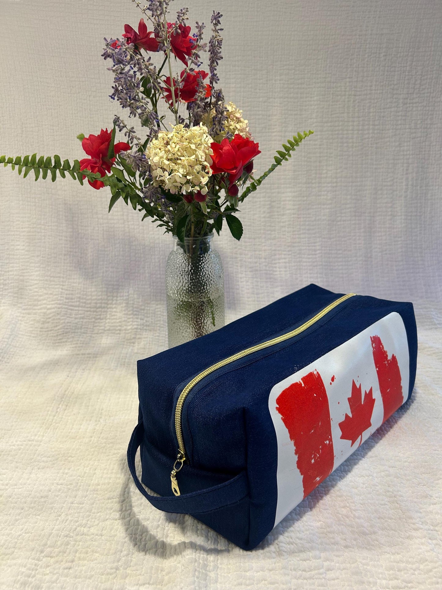 Distressed Canadian Flag Denim Toiletry Bag: Water Resistant Canadian Travel Kit