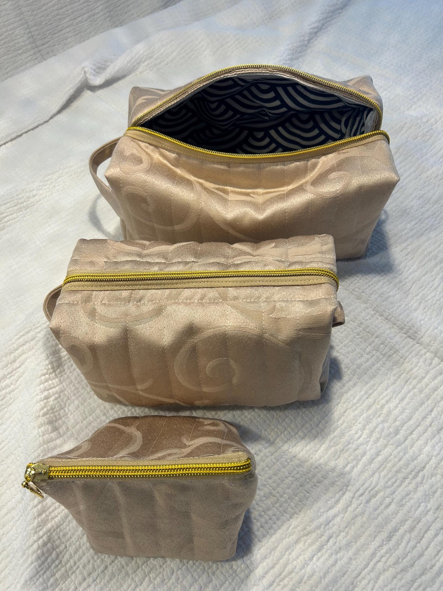 Quilted Makeup Bags: Beige & Gold Boxy Zipper Pouches - Set of 3 or individual
