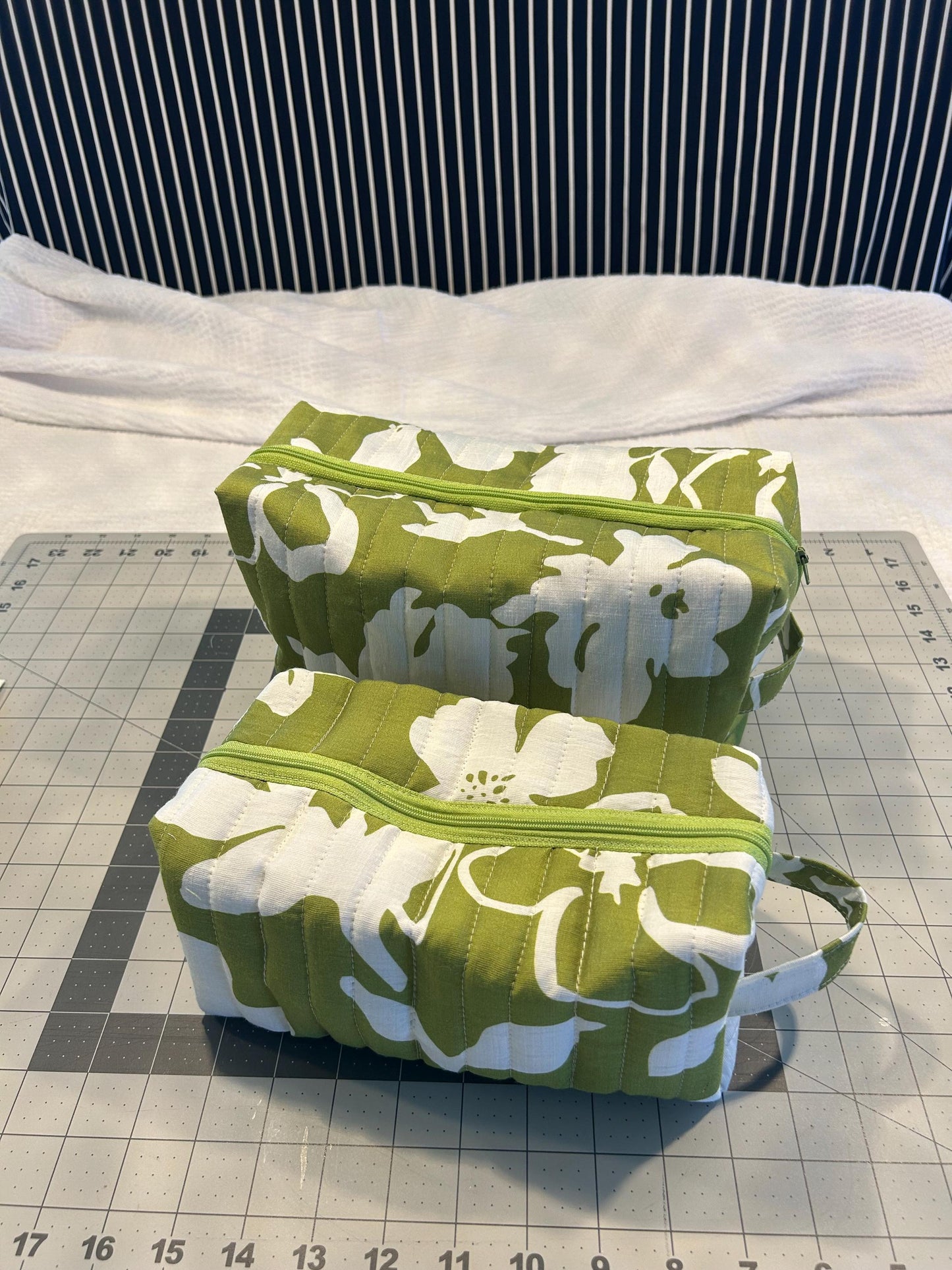 Handmade Quilted Makeup Bag Set: Leaf Green Floral, Boxy Cosmetic Bags