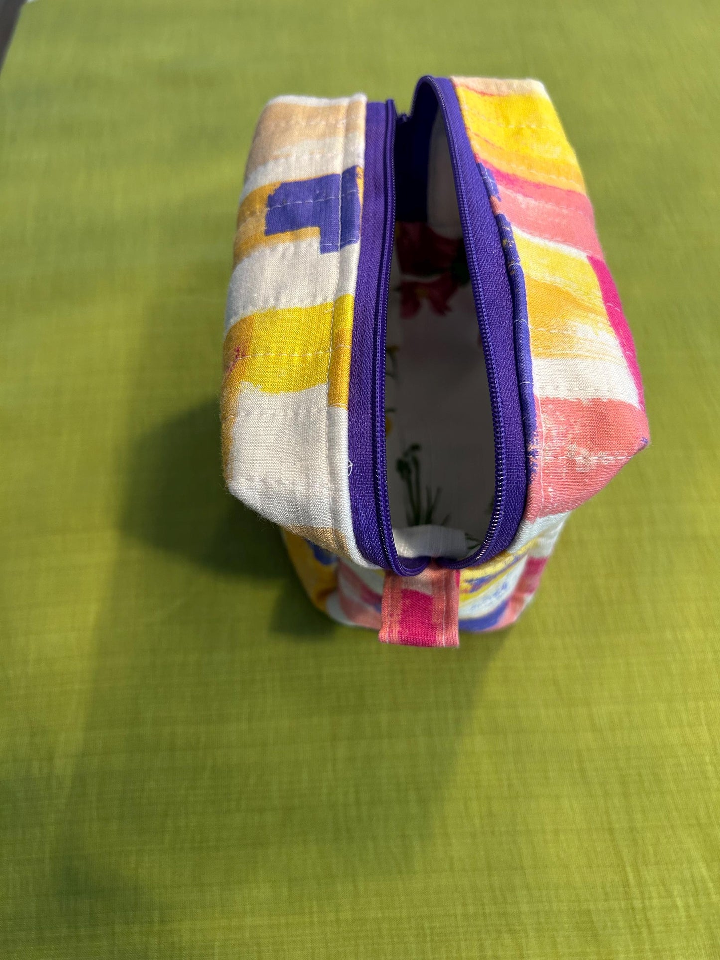 Quilted Boxy Zipper Pouch: Yellow & Purple Makeup Bag, Handmade