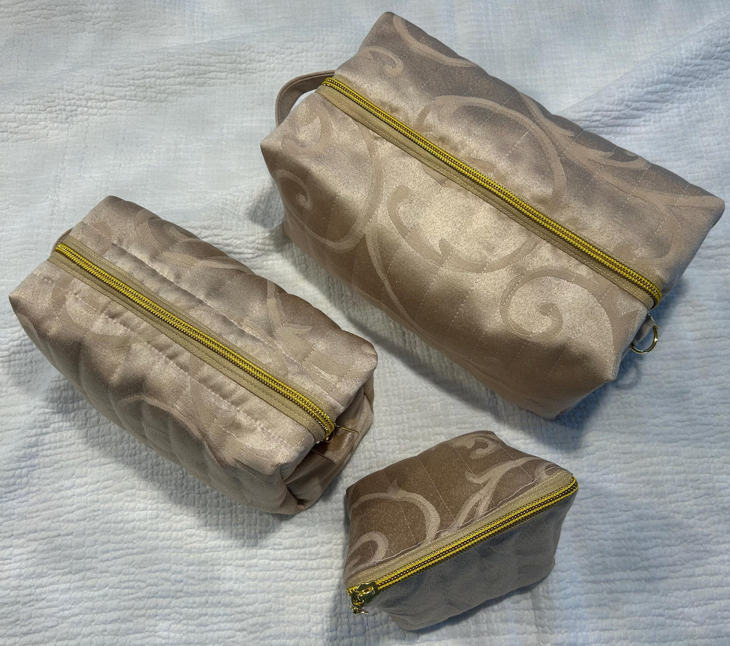 Quilted Makeup Bags: Beige & Gold Boxy Zipper Pouches - Set of 3 or individual