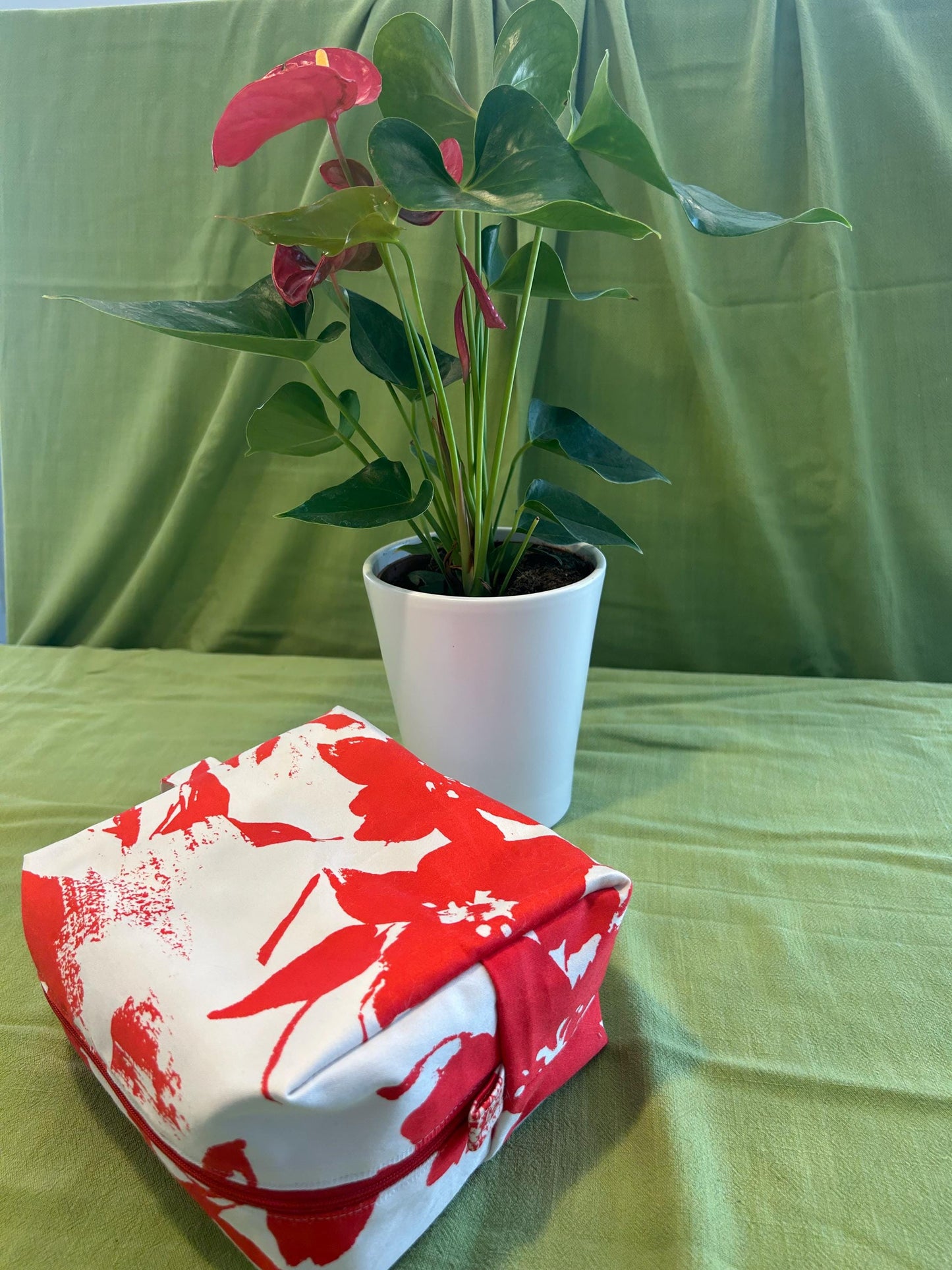 Handmade Red Floral Boxy Makeup Bag: Medium Zipper Pouch
