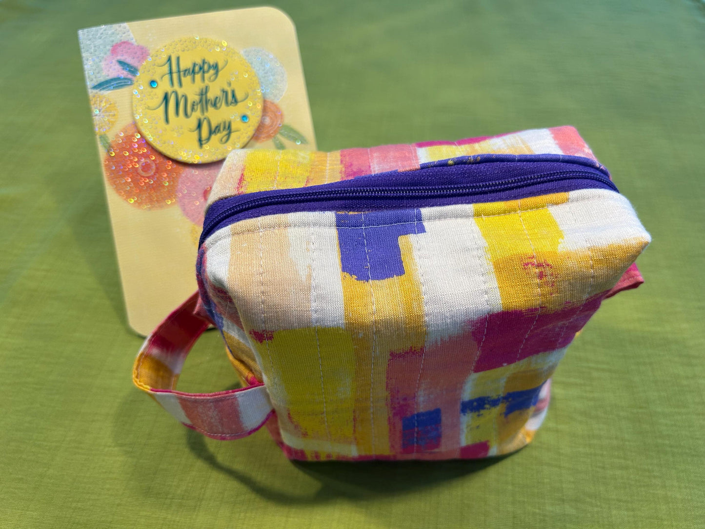 Quilted Boxy Zipper Pouch: Yellow & Purple Makeup Bag, Handmade