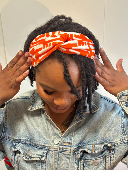 Geometric Turban Headband: Orange & White Knotted Hairband