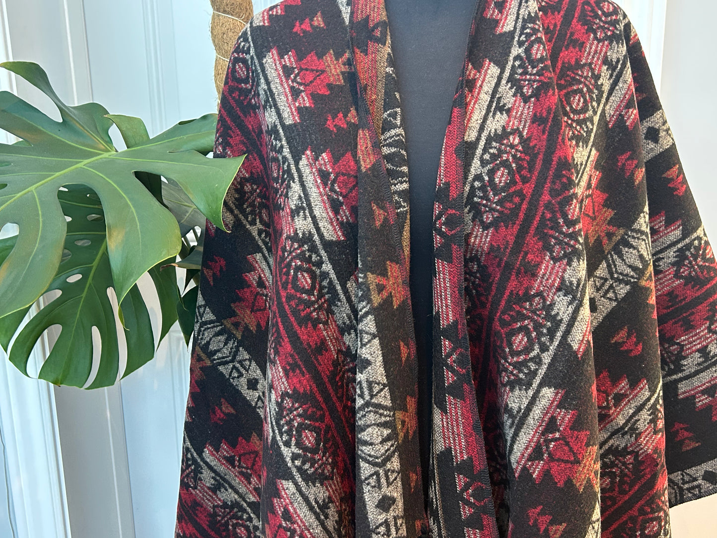 Poncho - Red + Black Striped | Reversible Wool-Blend
