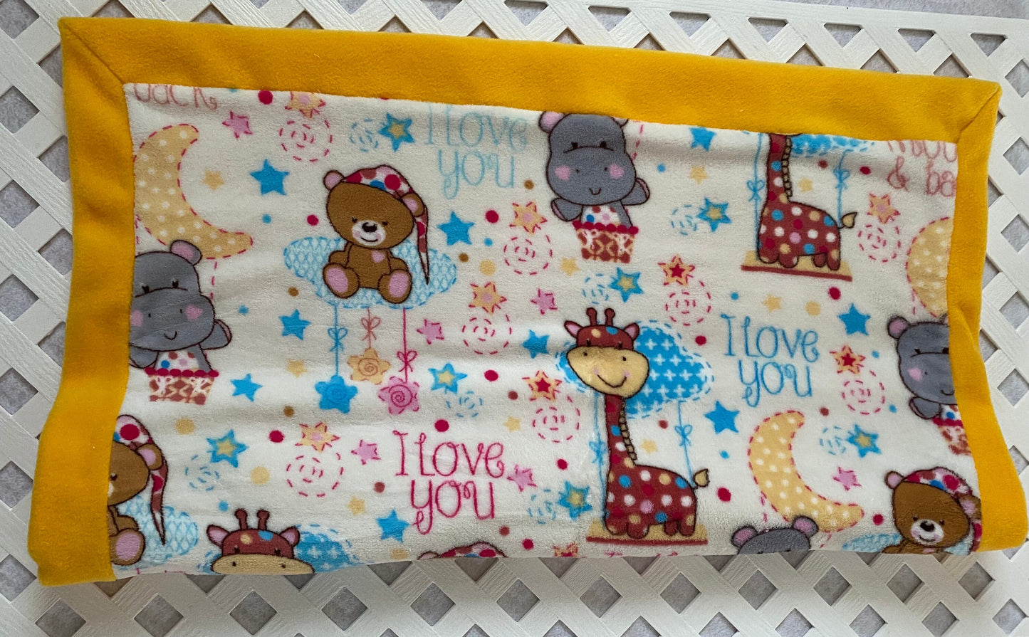 Baby Blanket - Fleece/Flannelette Self-Binding / Yellow  "I love you to the moon and back" | baby shower gift