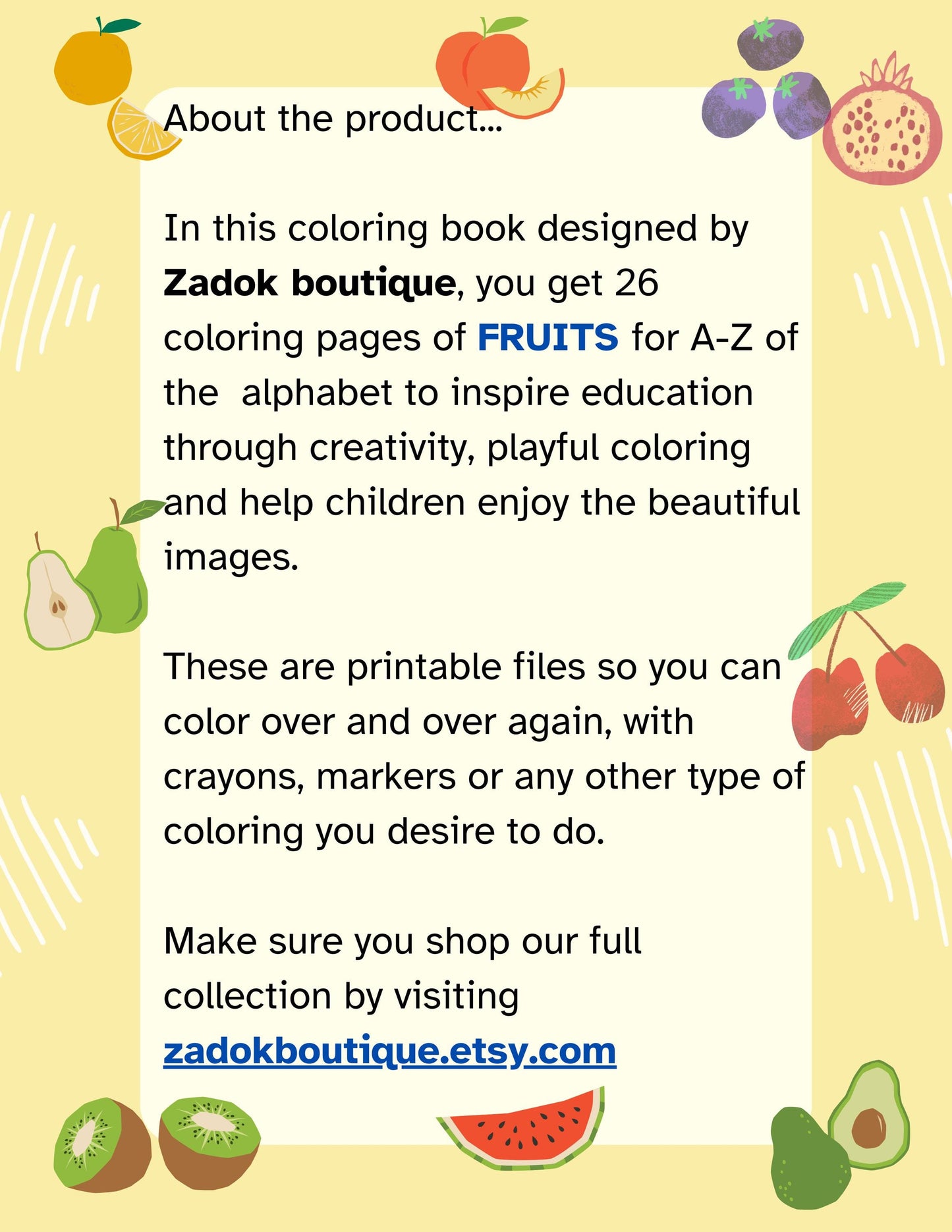Fruit A-Z Coloring Pages for Kids: Homeschool & Preschool (PDF Download)