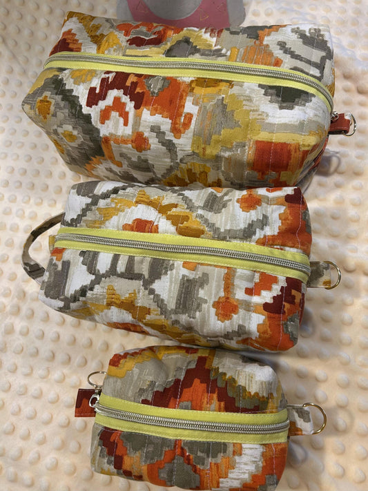 Quilted Boxy Makeup Bags: Autumn Geometric Fabric, Set of 3 or Individual