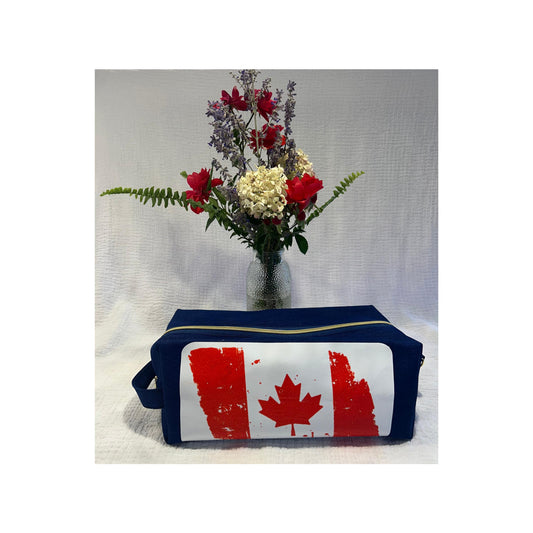 Distressed Canadian Flag Denim Toiletry Bag: Water Resistant Canadian Travel Kit