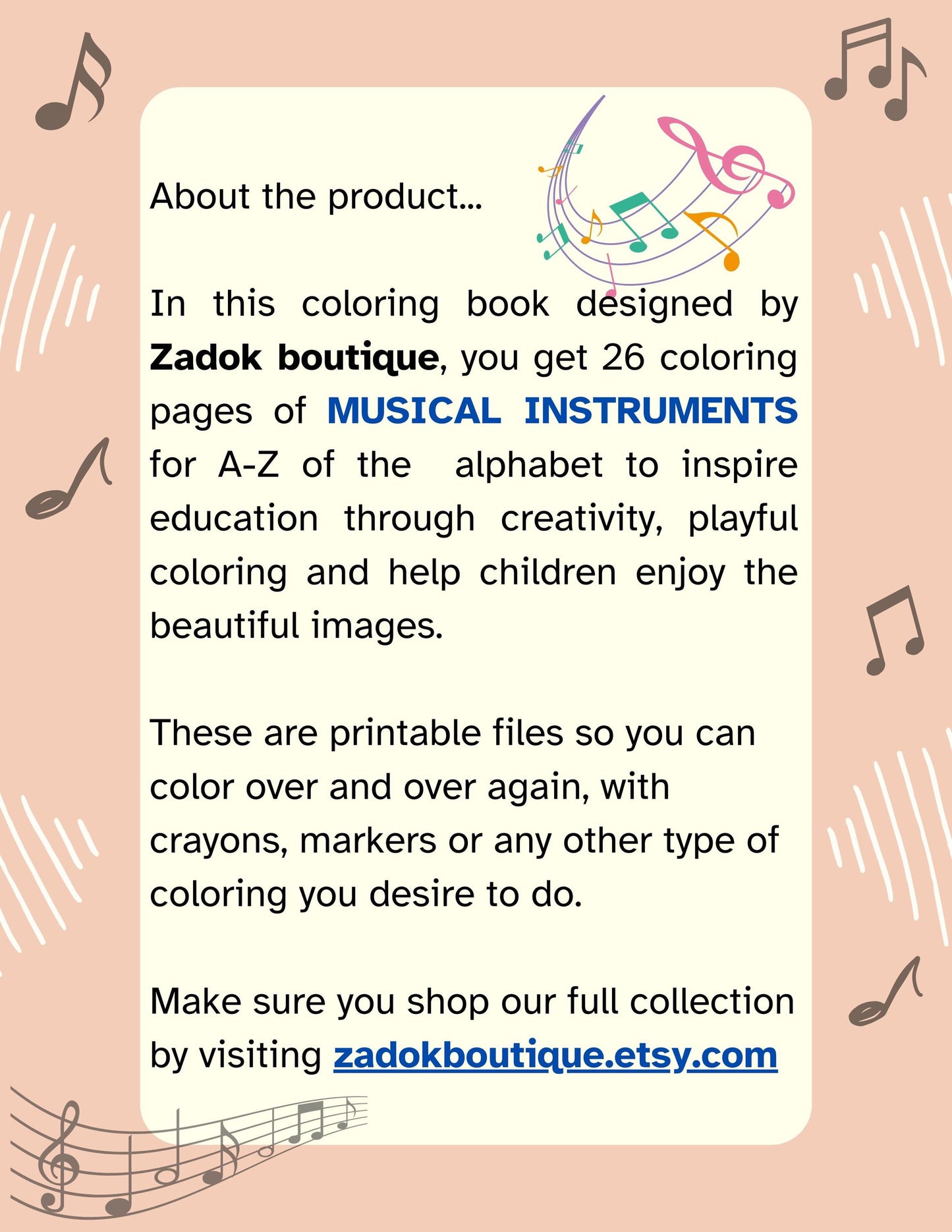 Musical Instruments Coloring Pages A-Z: Children's Education (PDF)