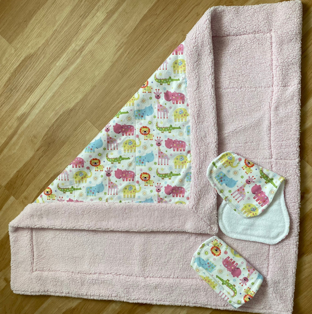 Handmade Baby Blanket Gift Set: Sherpa & Flannel with Burp Cloths
