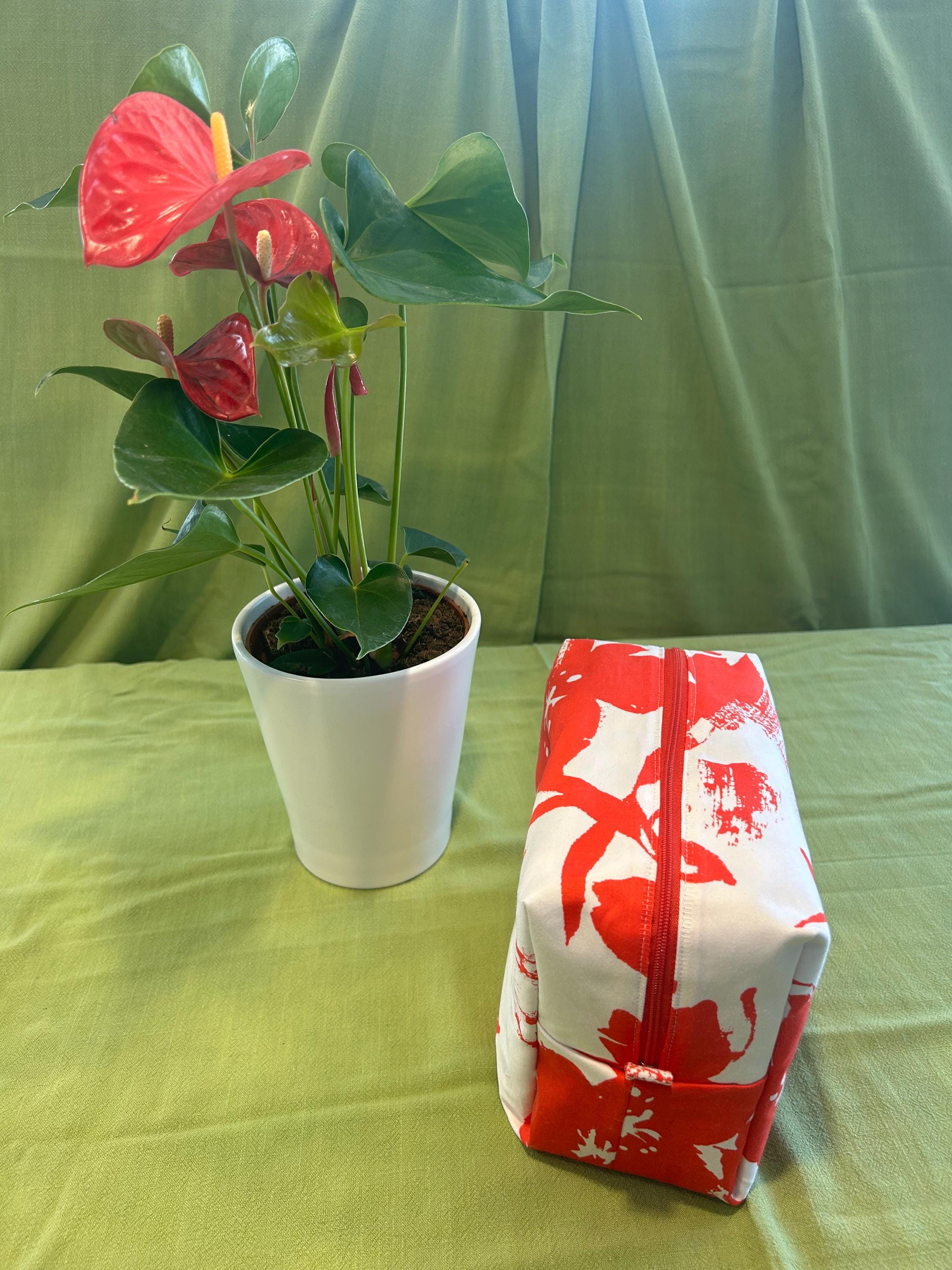 Handmade Red Floral Boxy Makeup Bag: Medium Zipper Pouch