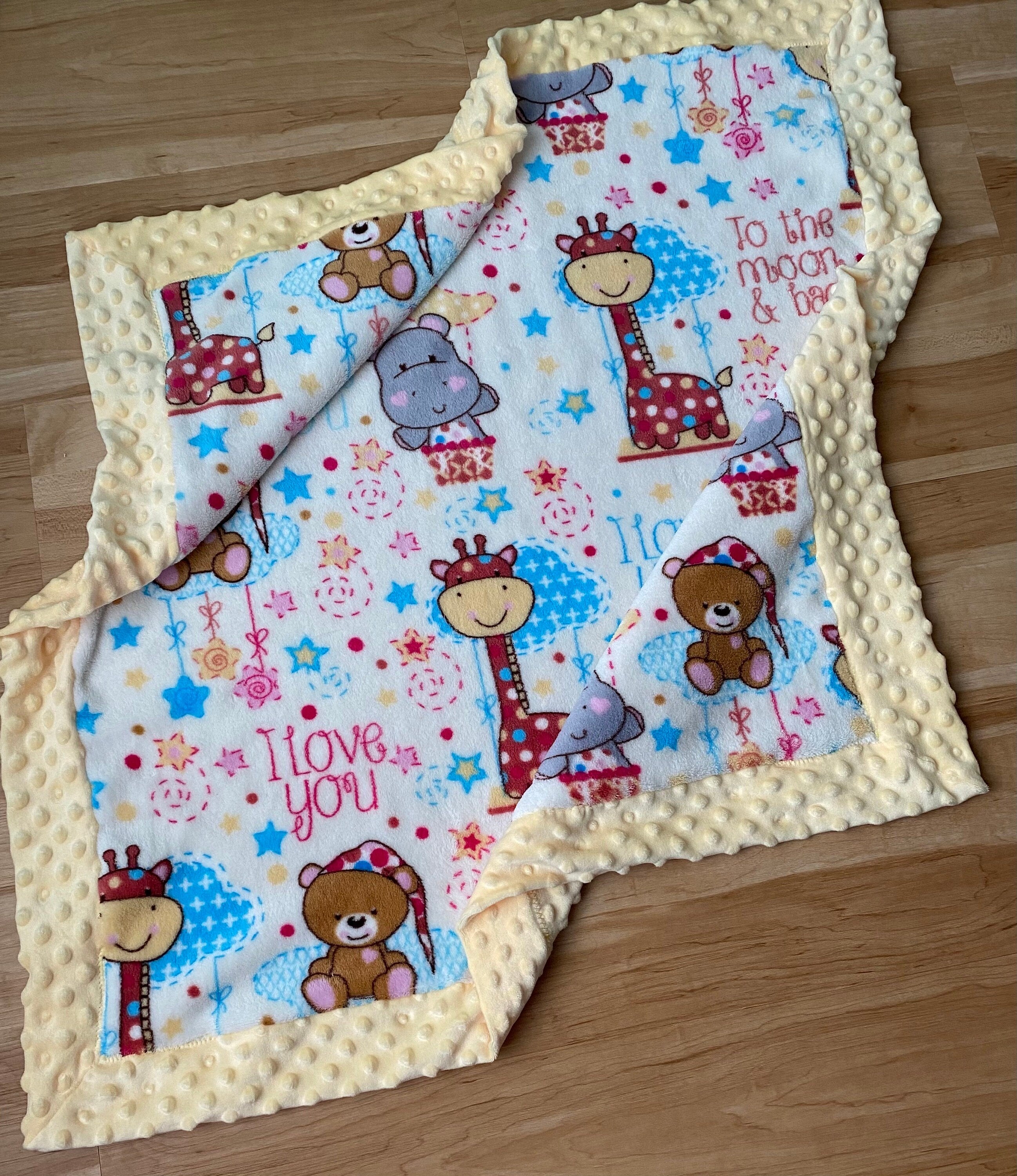 Baby Blanket - Fleece/Flannelette Self-Binding / Yellow  "I love you to the moon and back" | baby shower gift