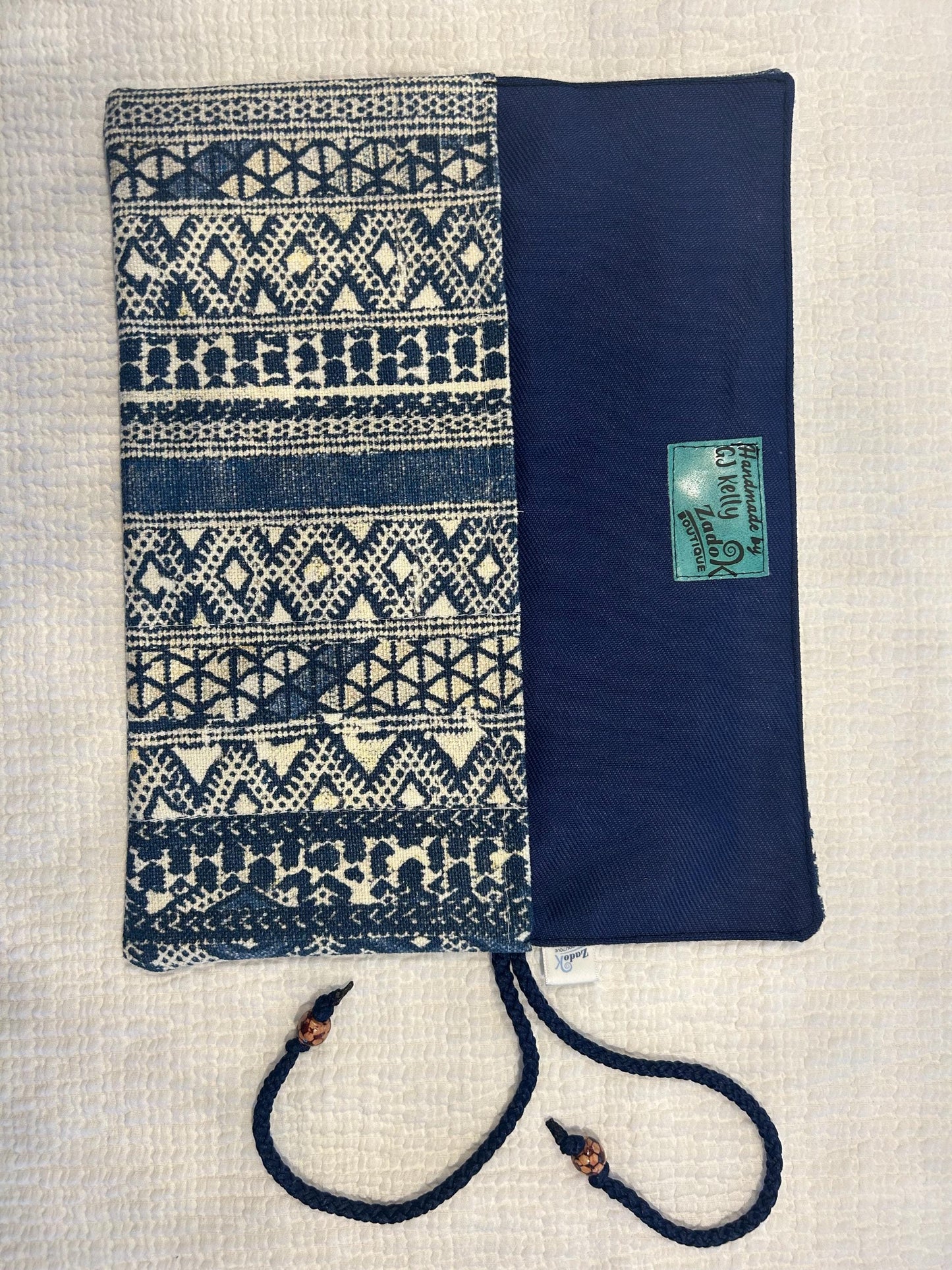 HAKAN Makeup Brush Roll: Blue & cream Organizer, Handmade in Canada