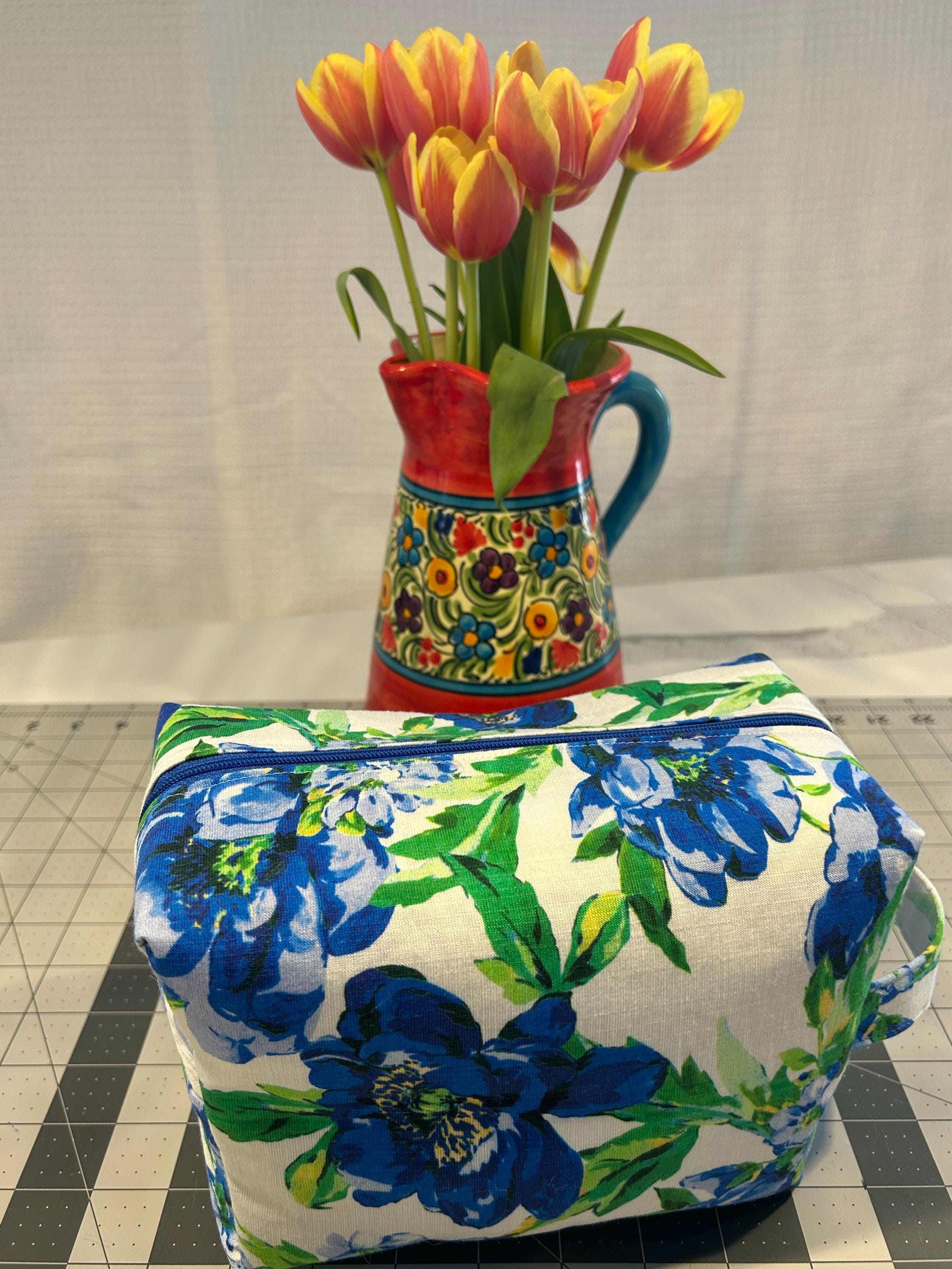 Floral Zipper Pouch: Blue & White Makeup Bag, Handmade in Canada