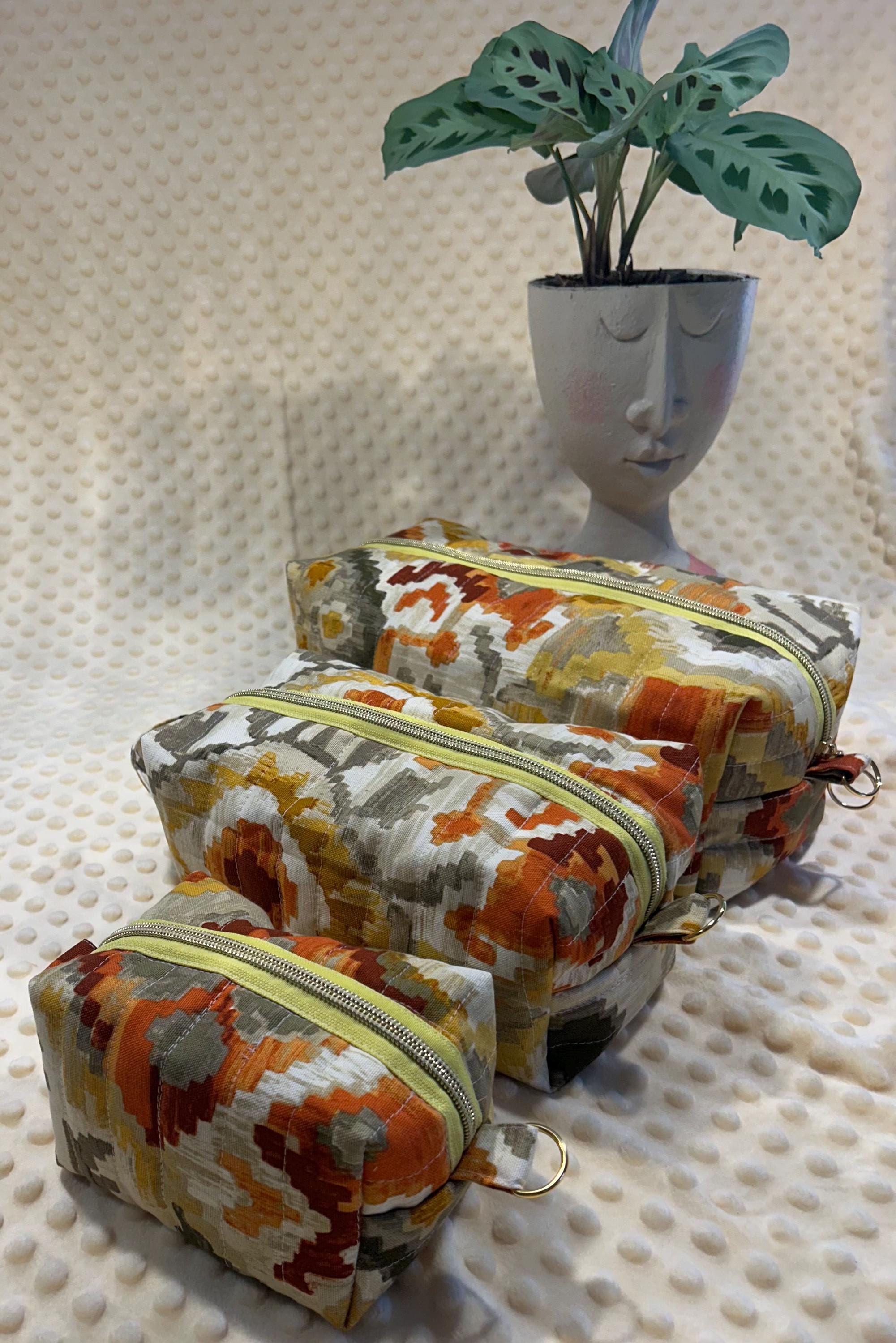 Quilted Boxy Makeup Bags: Autumn Geometric Fabric, Set of 3 or Individual