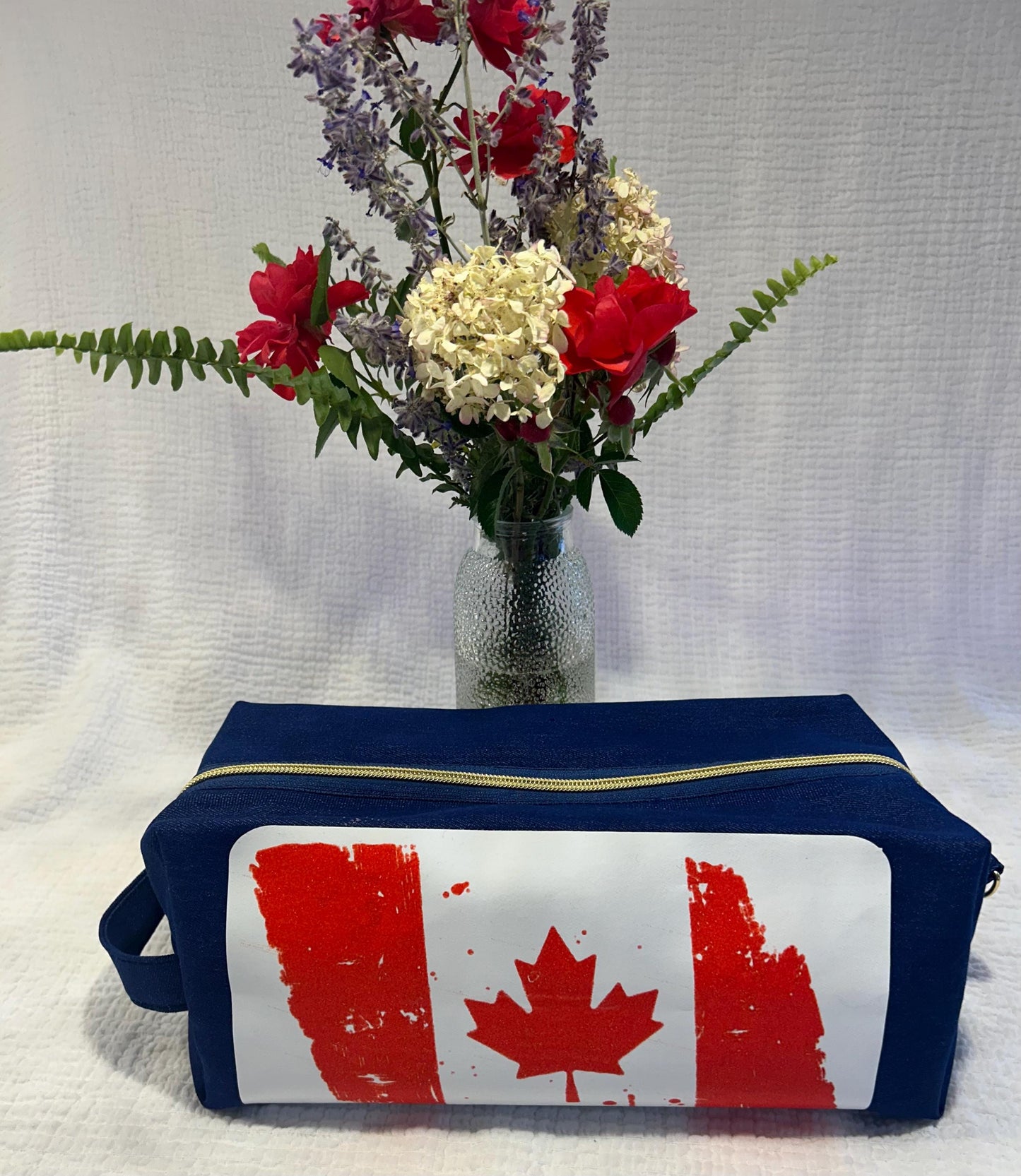Distressed Canadian Flag Denim Toiletry Bag: Water Resistant Canadian Travel Kit