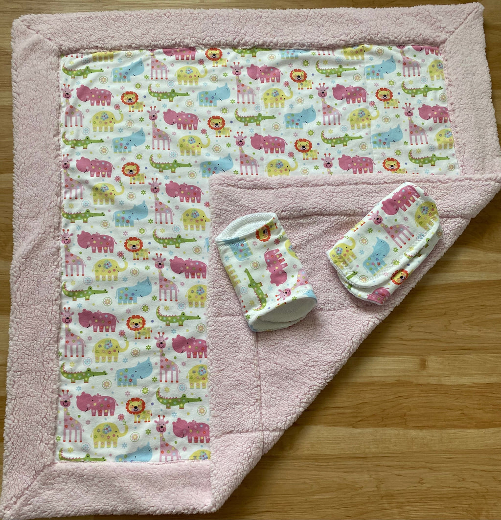 Handmade Baby Blanket Gift Set: Sherpa & Flannel with Burp Cloths