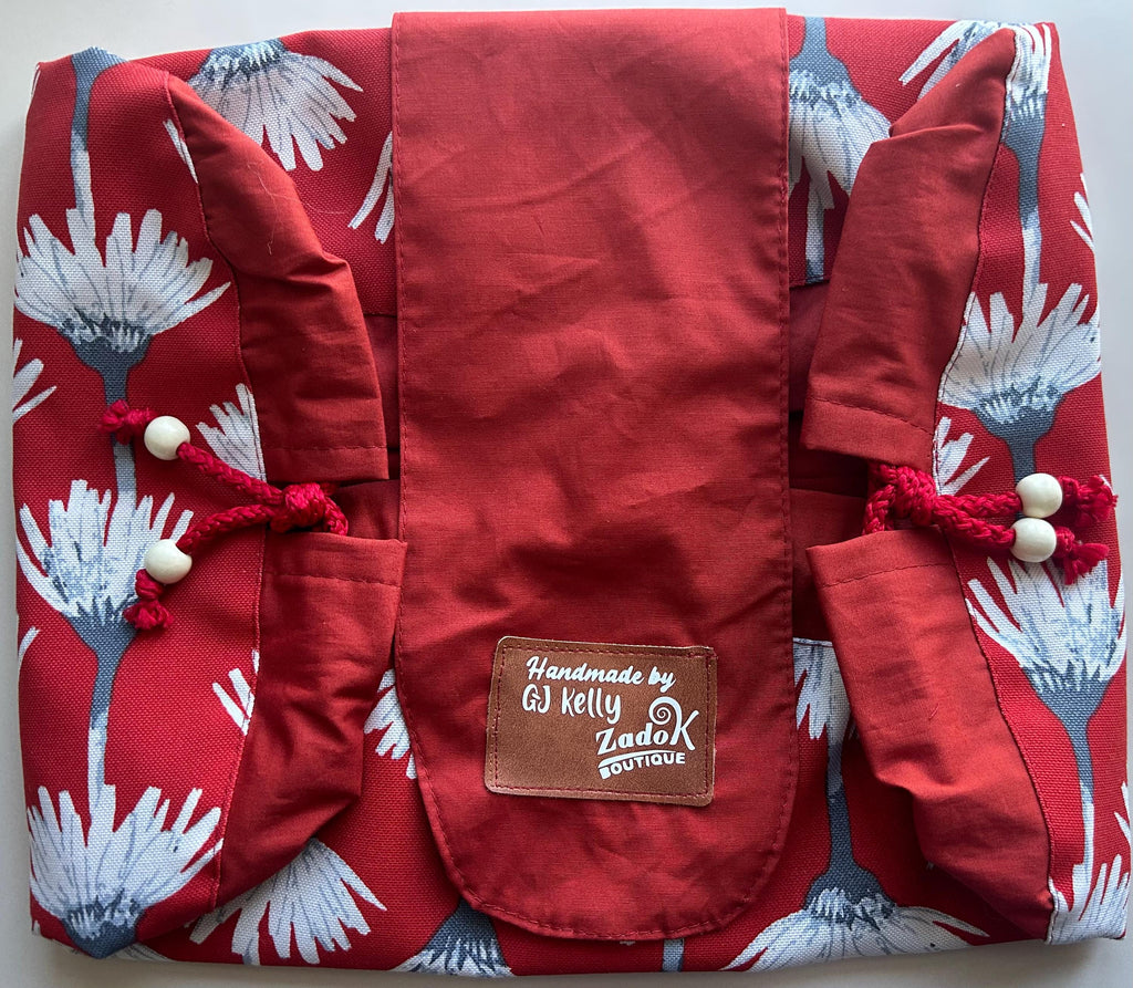 Drawstring Circular Makeup Bag | Cinch Up, Open-Flat Design | Handmade Cosmetic Organizer | Red-White-Gray fabric