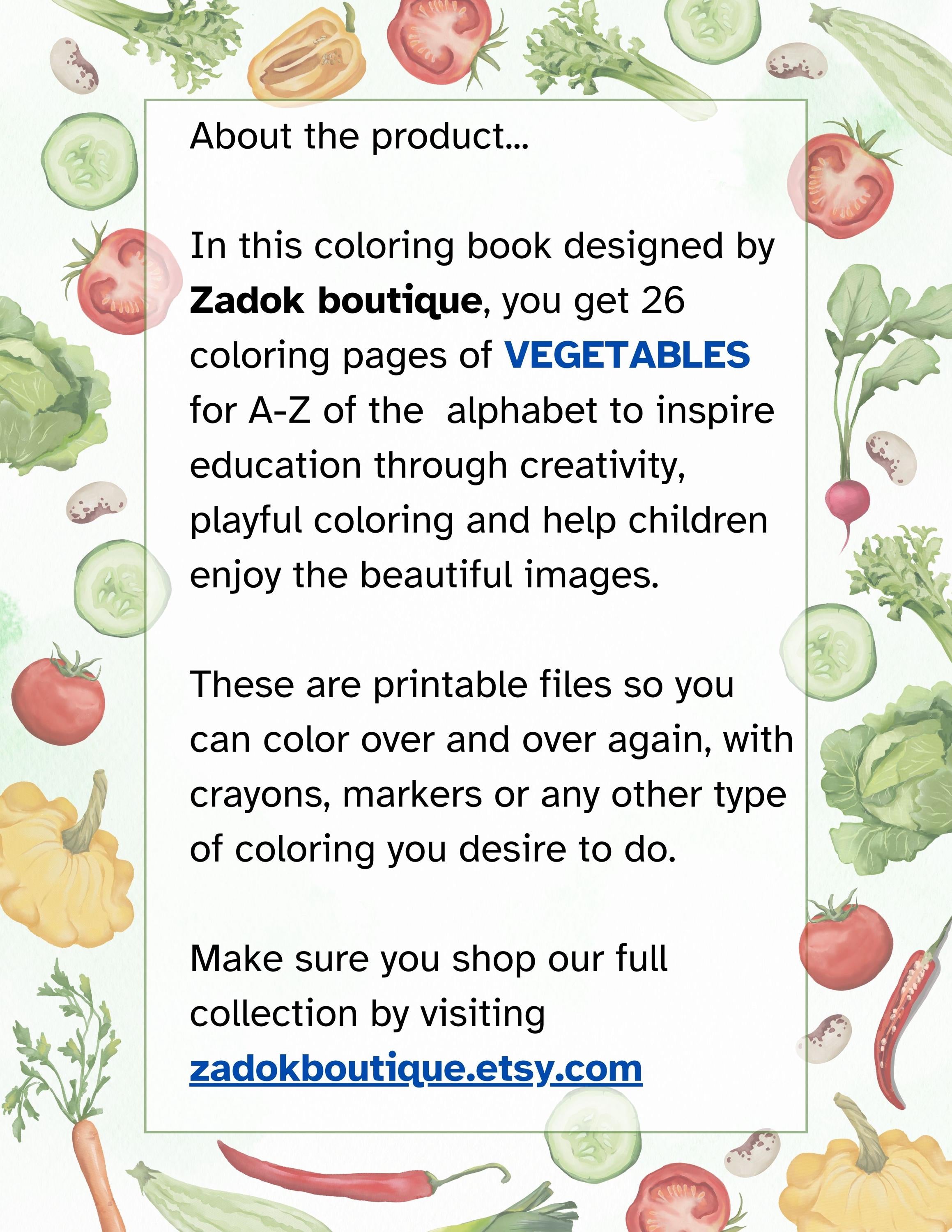 Vegetable Alphabet Coloring Pages for Kids: Homeschool Education (PDF Download)