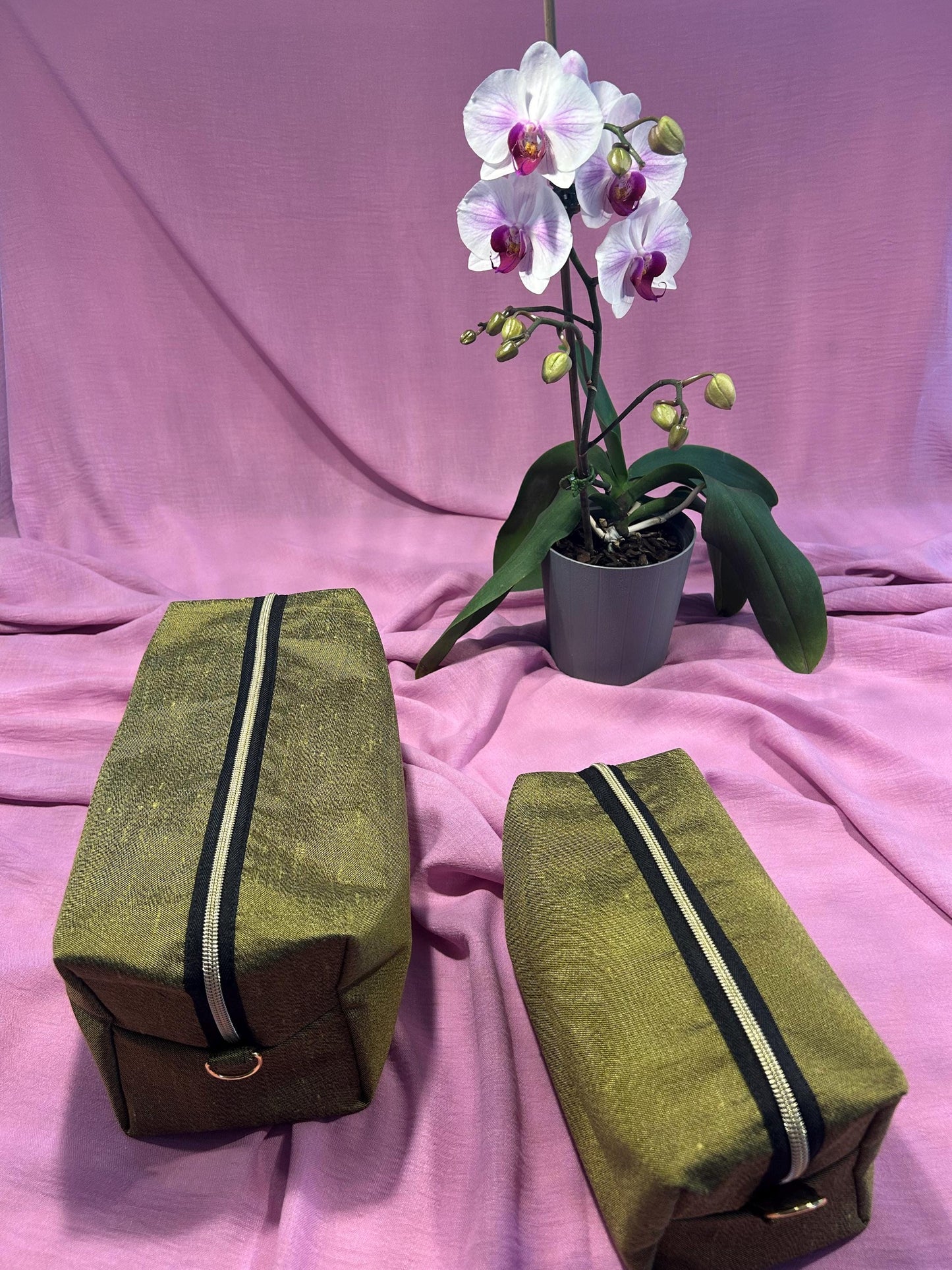 Quilted Raw Silk Makeup Bags: Mint Green & Gold - Set of 3 or individual