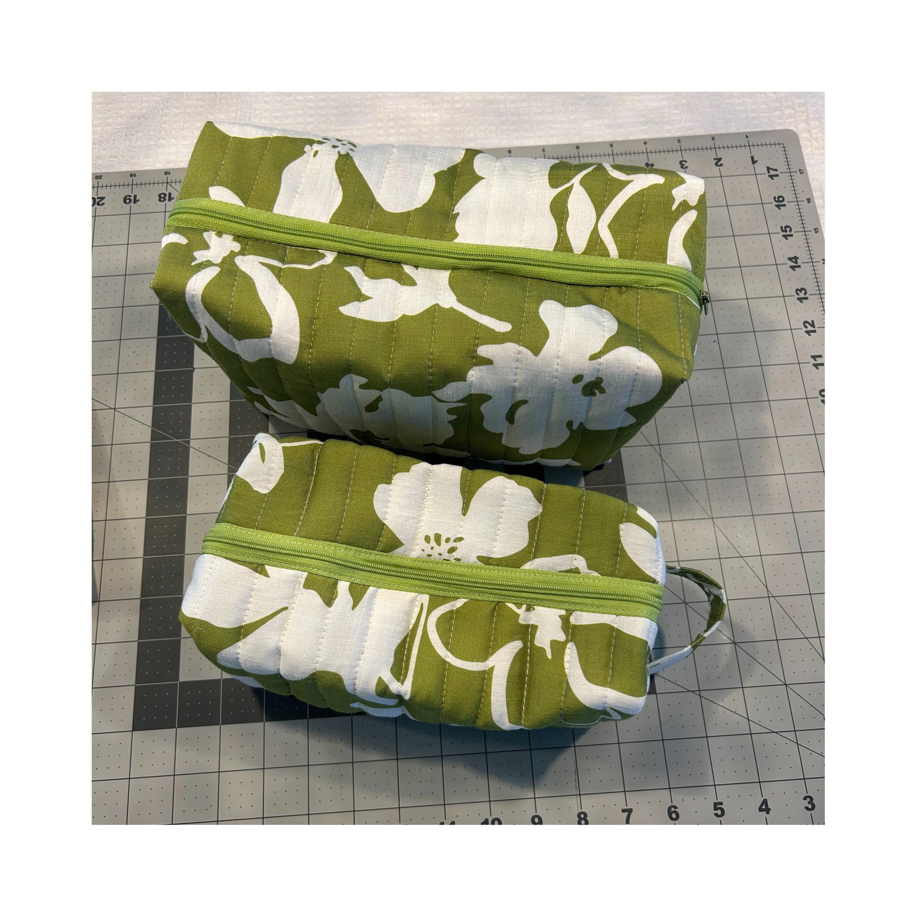 Handmade Quilted Makeup Bag Set: Leaf Green Floral, Boxy Cosmetic Bags