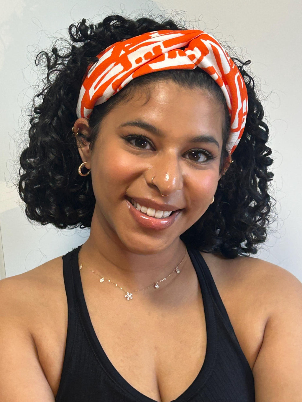 Knotted Turban Headband: Orange & White Geometric - Double Twist Hairband