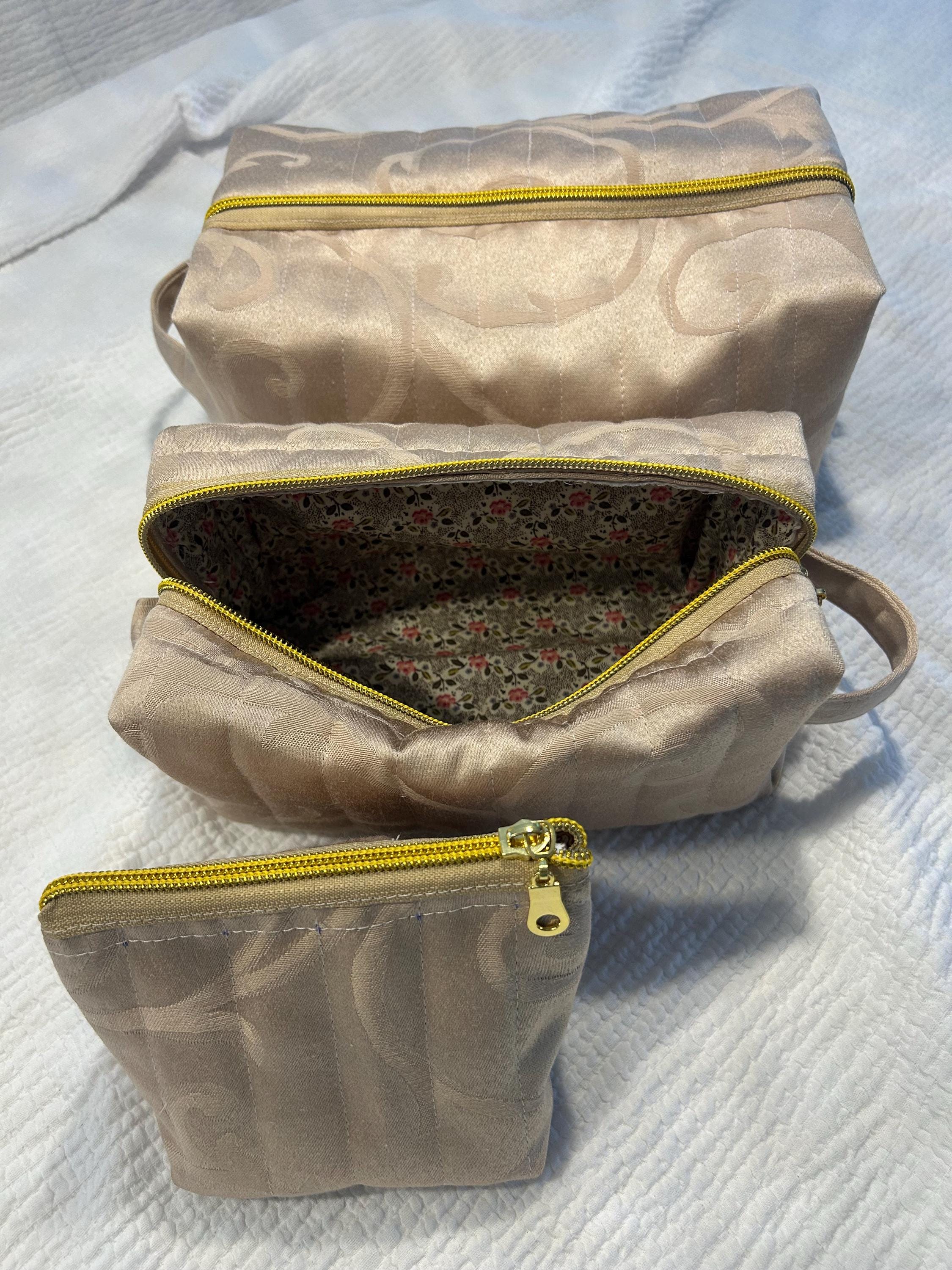 Quilted Makeup Bags: Beige & Gold Boxy Zipper Pouches - Set of 3 or individual