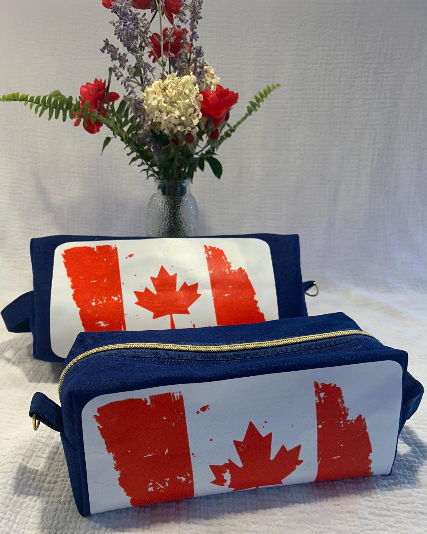Distressed Canadian Flag Denim Toiletry Bag: Water Resistant Canadian Travel Kit