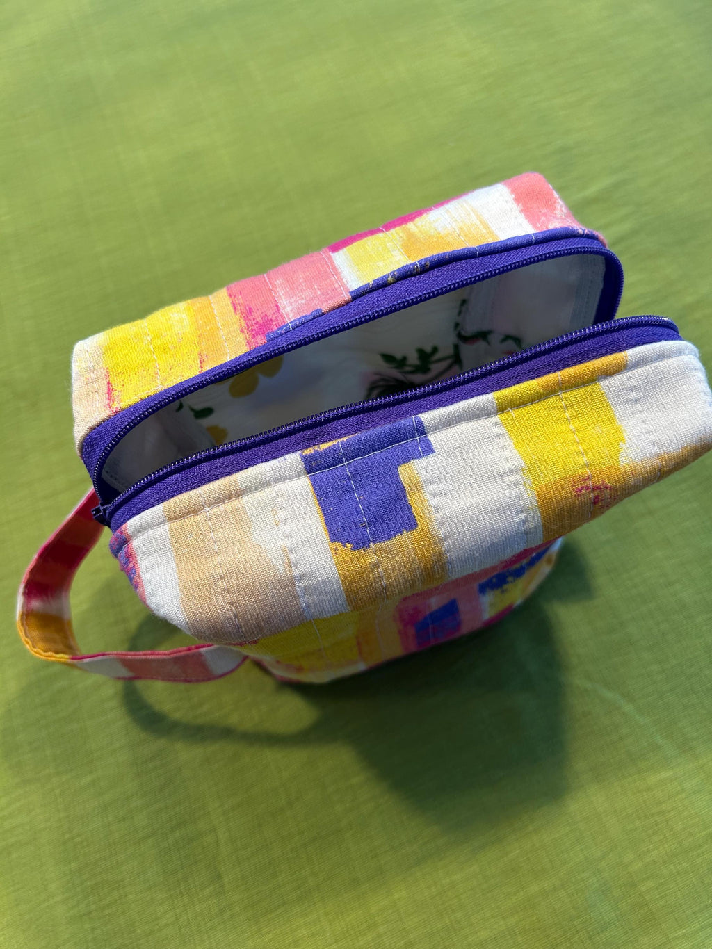 Quilted Boxy Zipper Pouch: Yellow & Purple Makeup Bag, Handmade