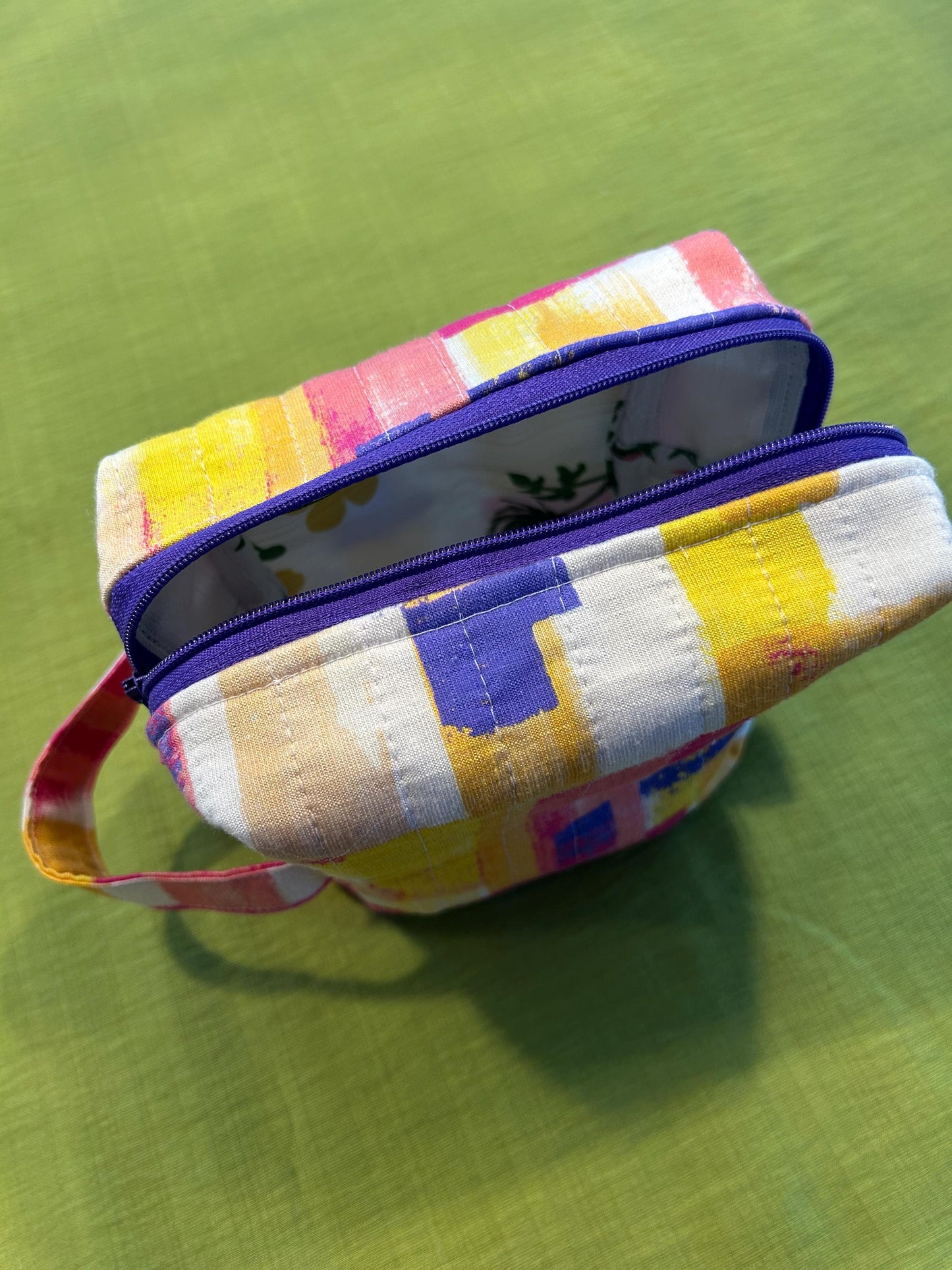 Quilted Boxy Zipper Pouch: Yellow & Purple Makeup Bag, Handmade