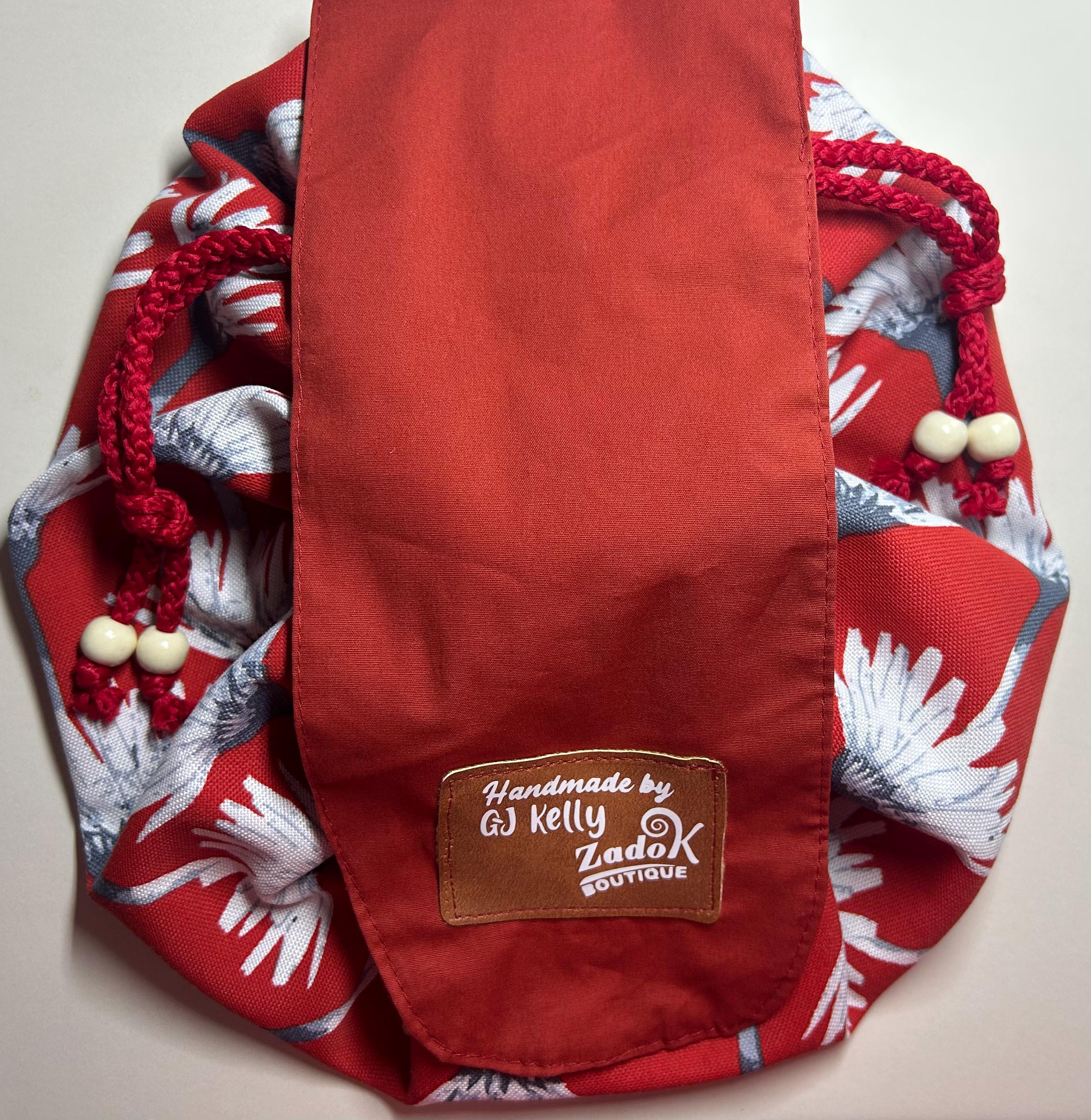 Drawstring Circular Makeup Bag | Cinch Up, Open-Flat Design | Handmade Cosmetic Organizer | Red-White-Gray fabric