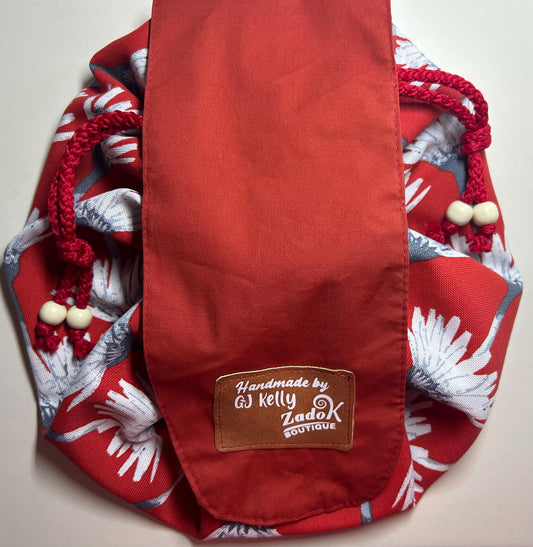 Drawstring Circular Makeup Bag | Cinch Up, Open-Flat Design | Handmade Cosmetic Organizer | Red-White-Gray fabric