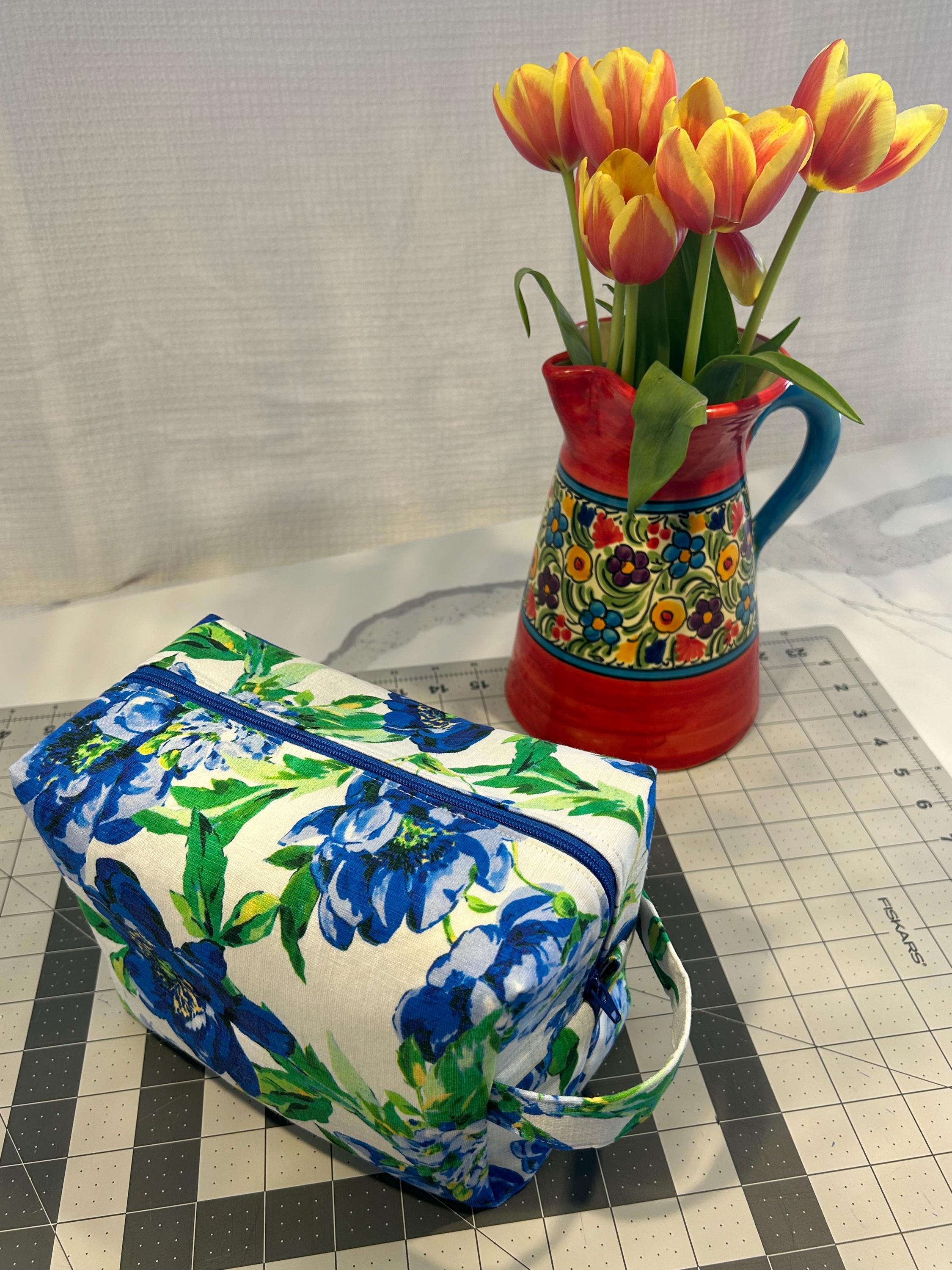 Floral Zipper Pouch: Blue & White Makeup Bag, Handmade in Canada