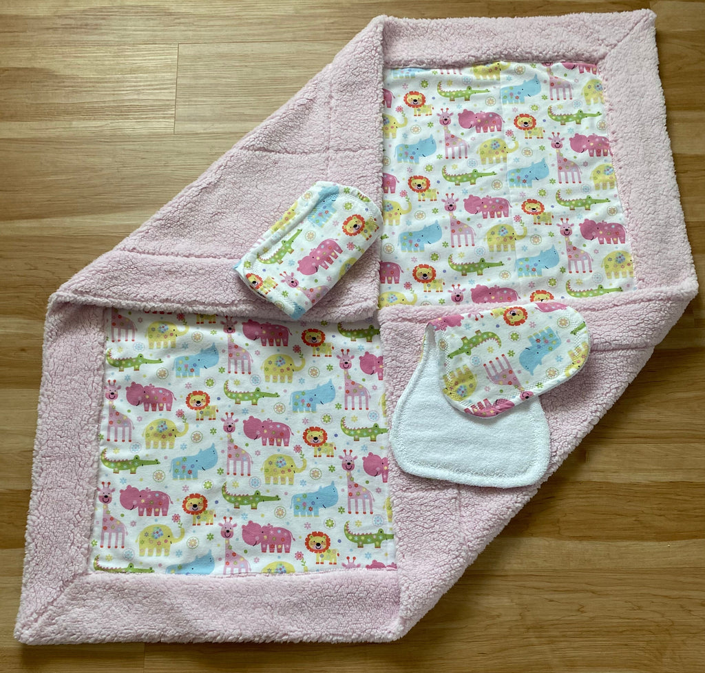 Handmade Baby Blanket Gift Set: Sherpa & Flannel with Burp Cloths