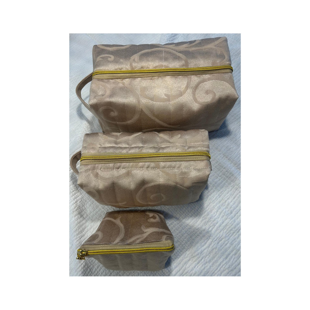 Quilted Makeup Bags: Beige & Gold Boxy Zipper Pouches - Set of 3 or individual