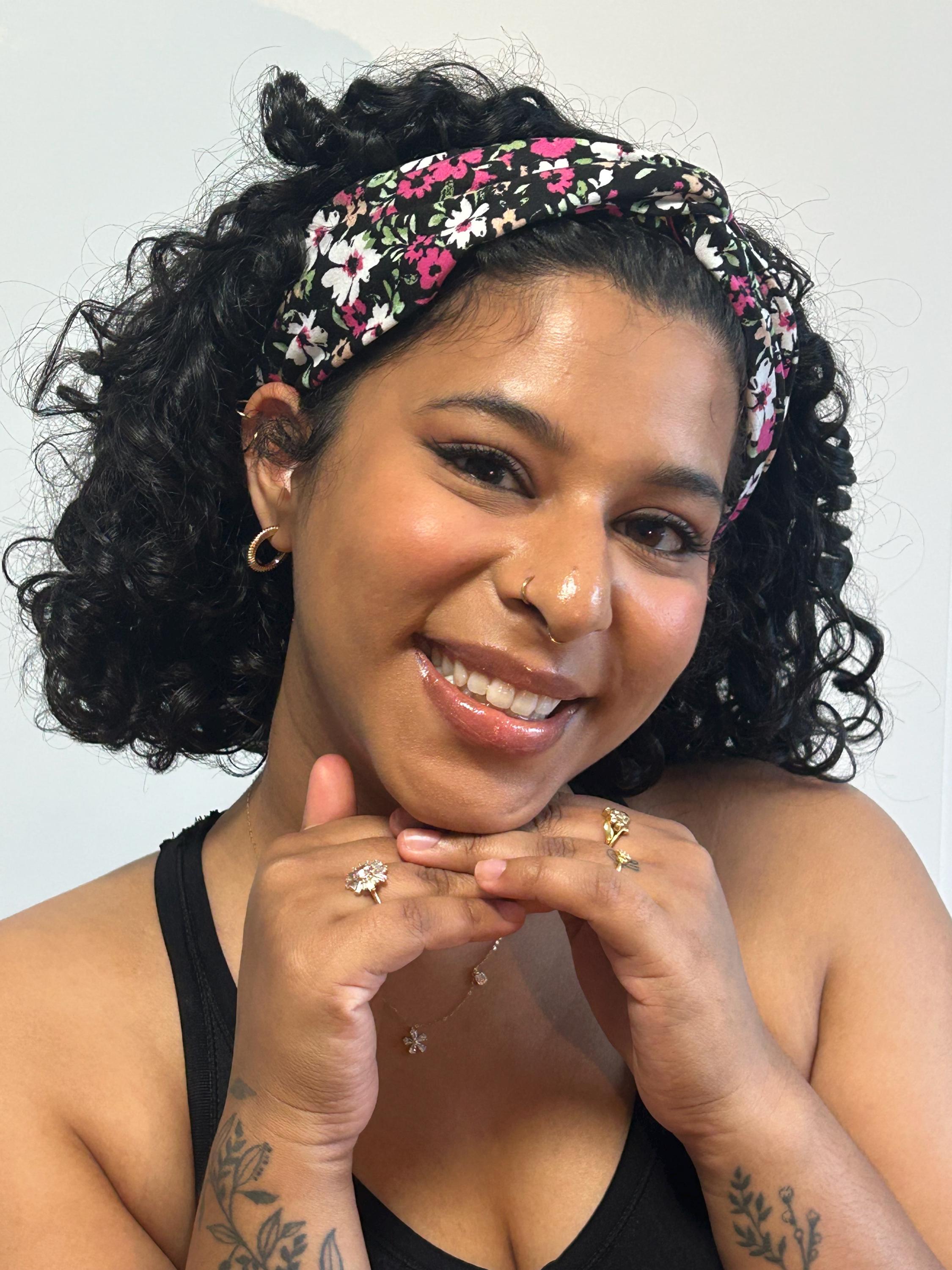 Knotted Turban Headband: Pink & Black Floral - Double Twist Wide Headband