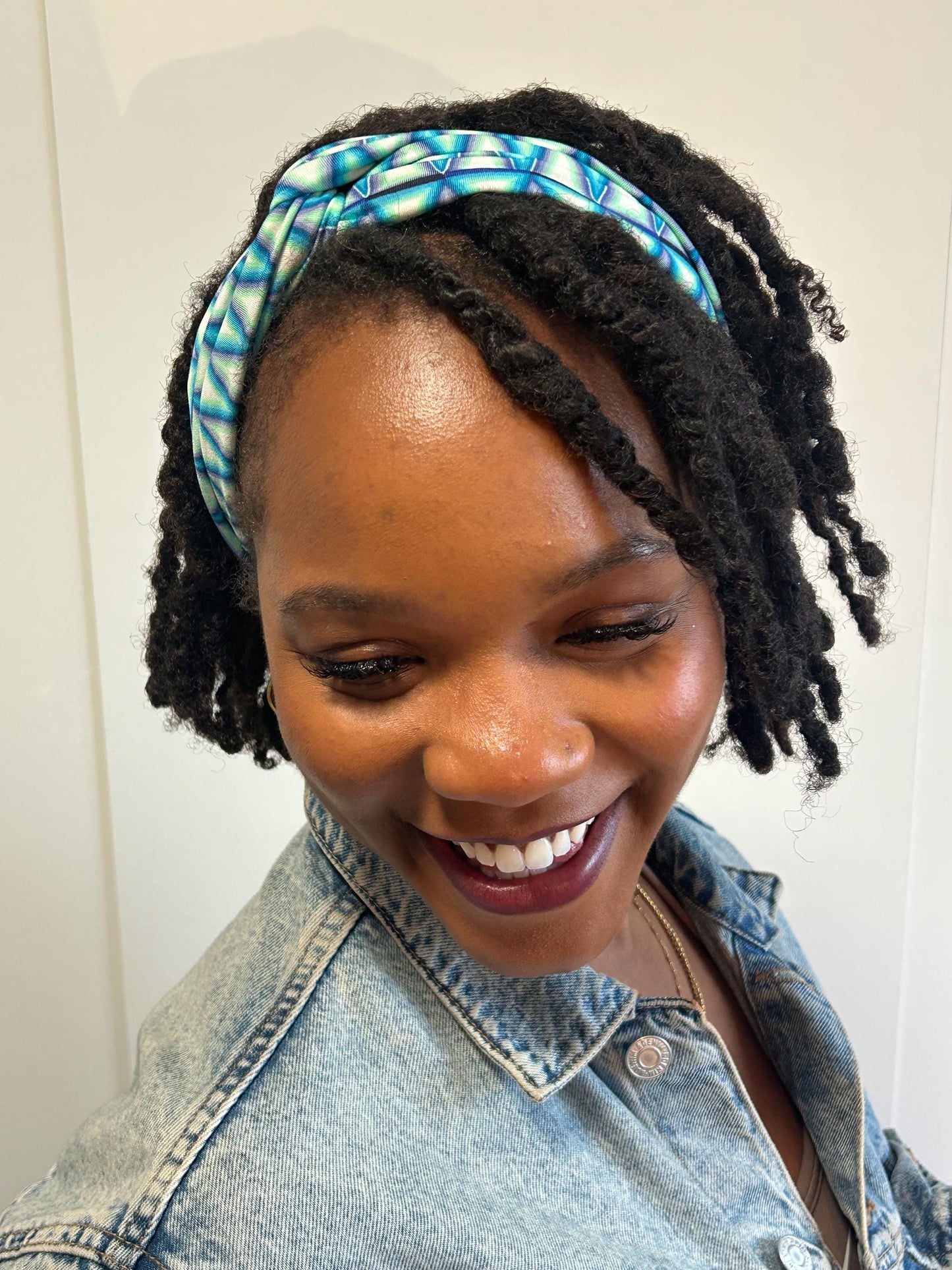 Knotted Turban Headband: Geometric Blue, Wide Twist - Active Wear