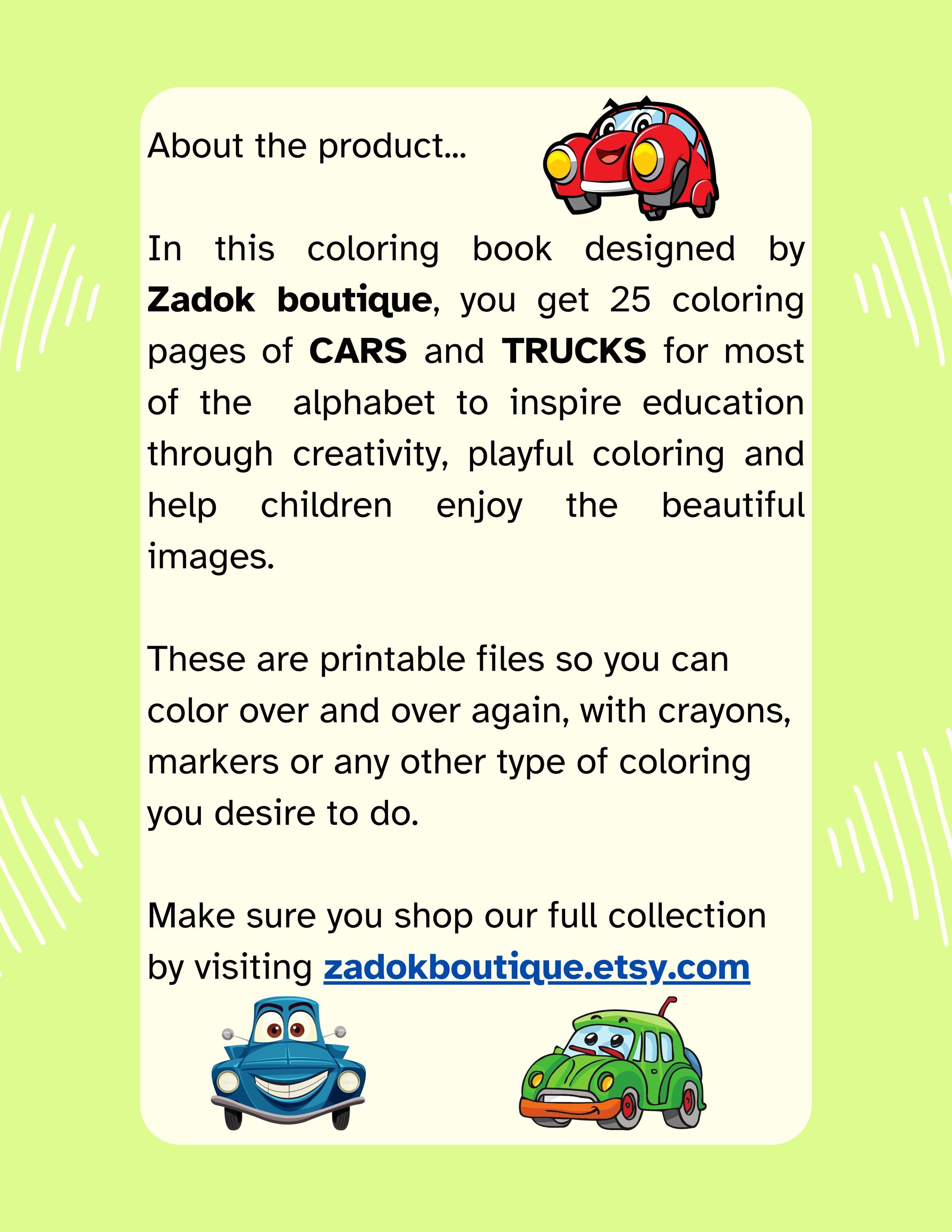 Cars and Trucks Coloring Pages A-Z: Educational Art (PDF Download)