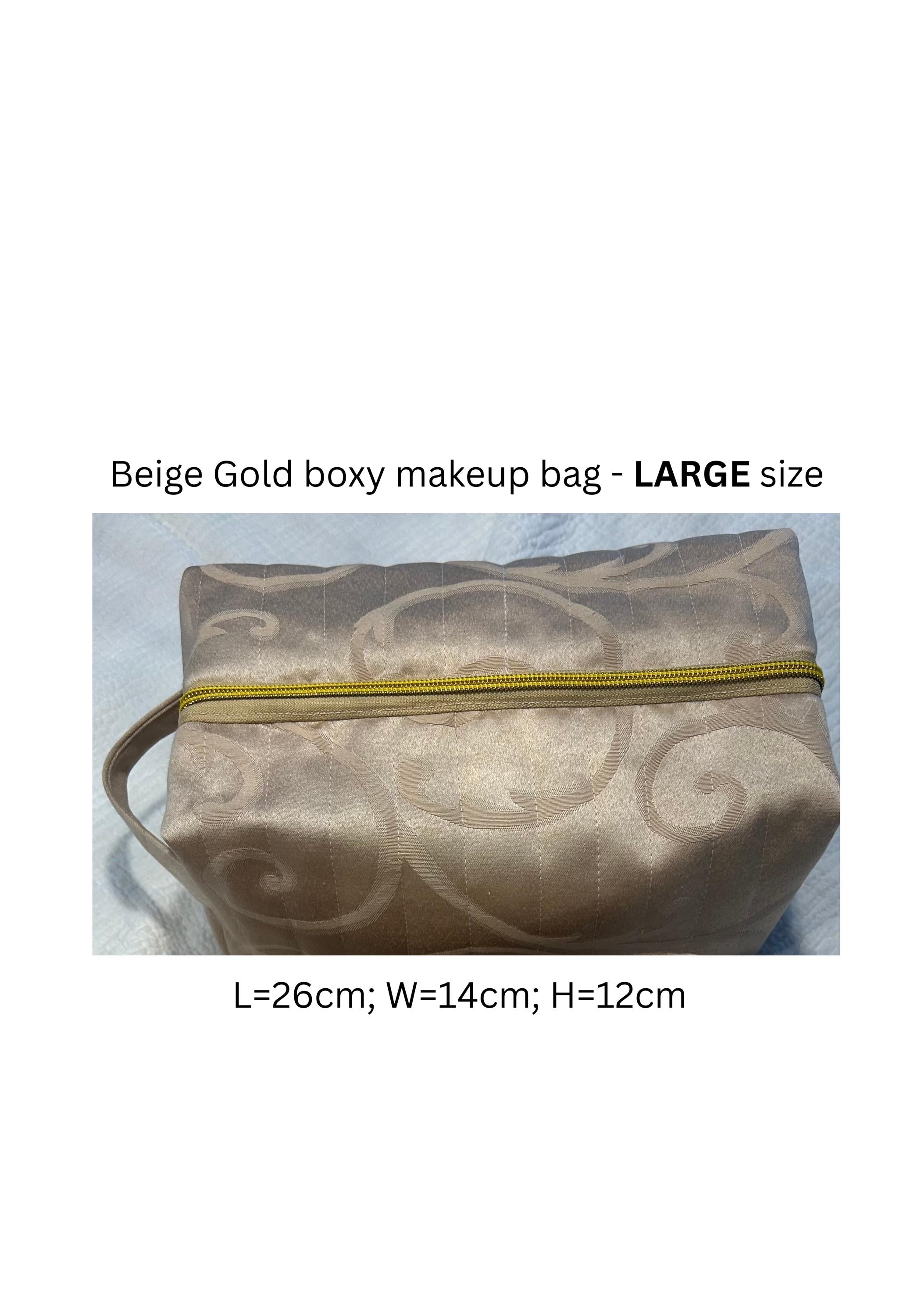 Quilted Makeup Bags: Beige & Gold Boxy Zipper Pouches - Set of 3 or individual