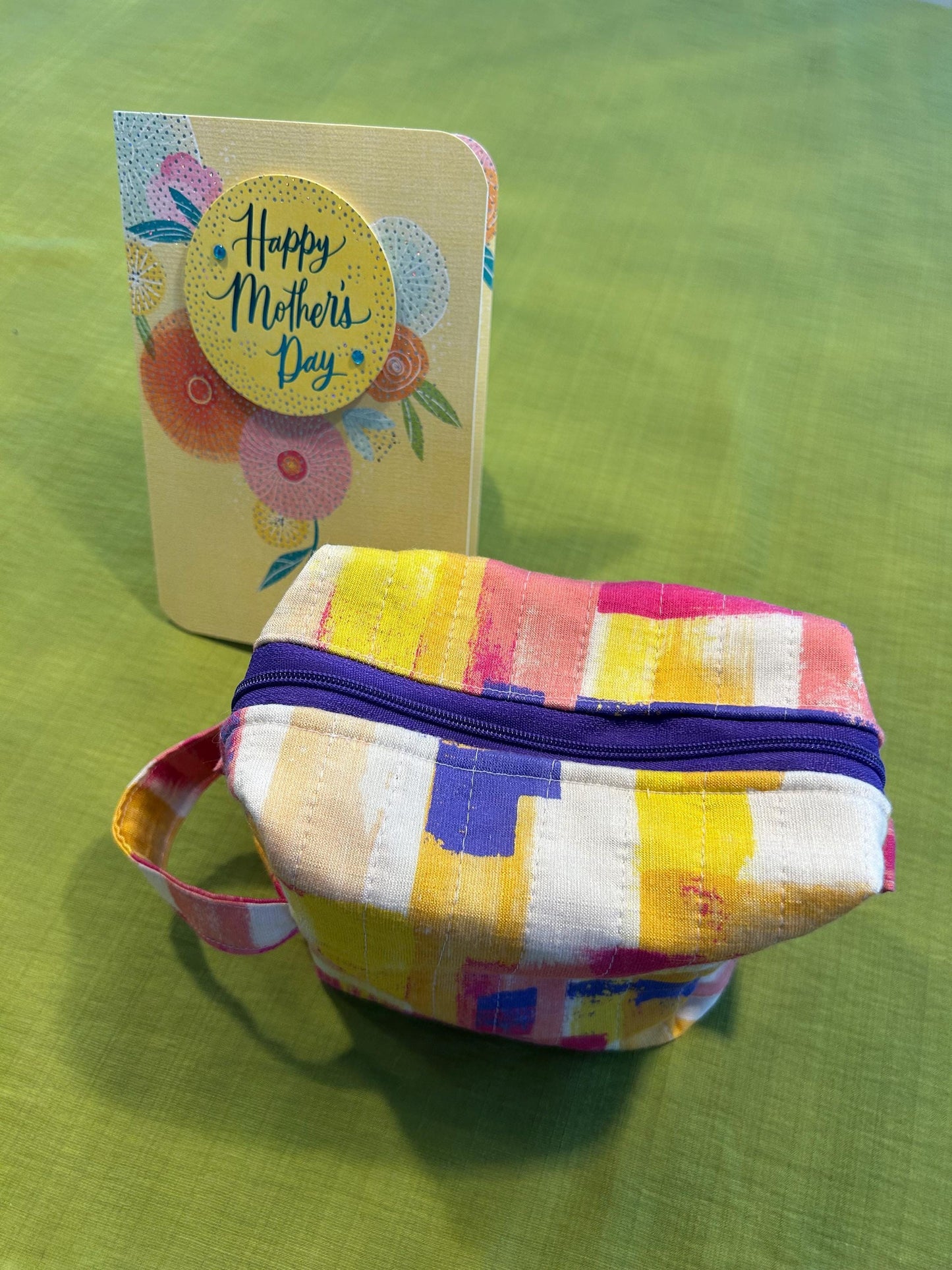 Quilted Boxy Zipper Pouch: Yellow & Purple Makeup Bag, Handmade