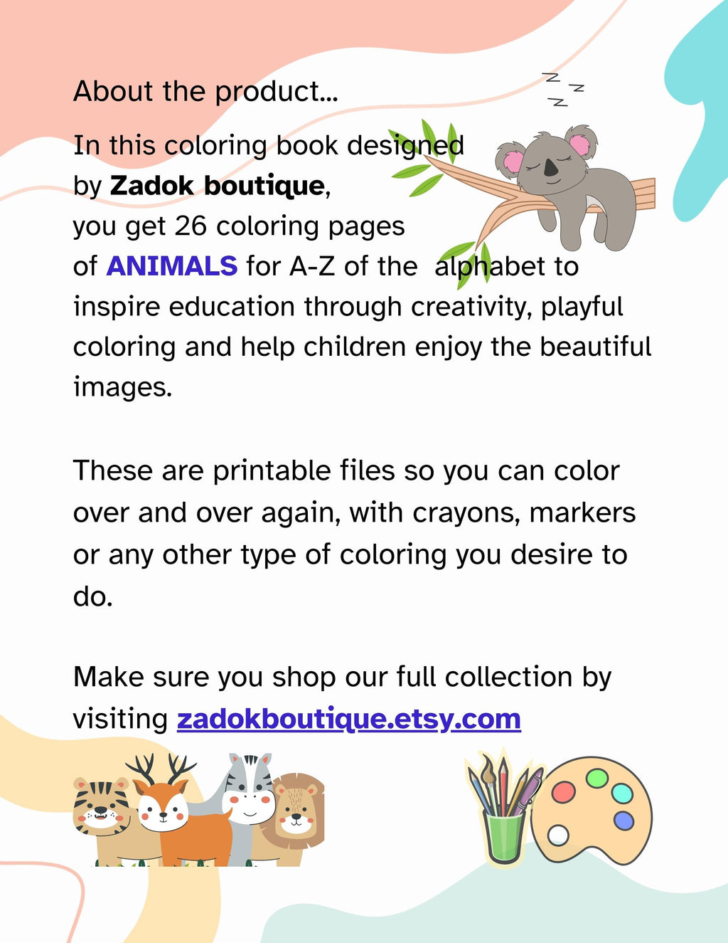 Animals A-Z Coloring Pages: Kids Alphabet, Homeschool (PDF Download)