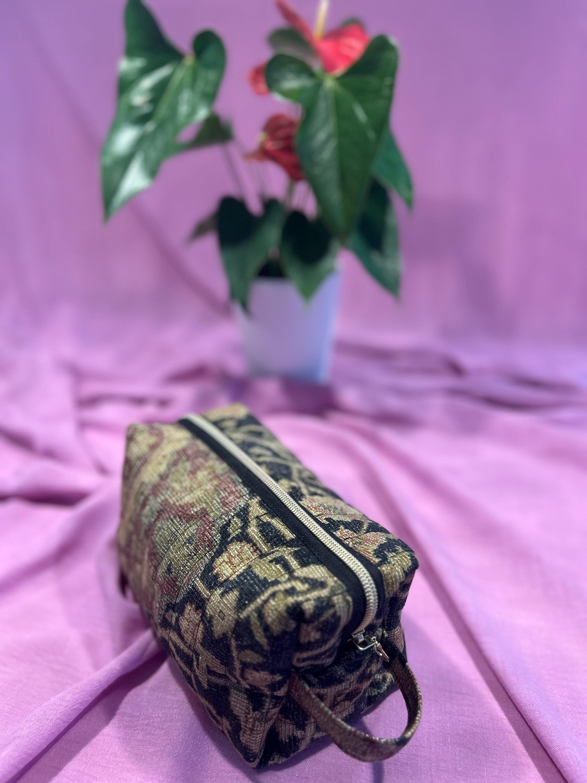 Boxy Makeup Bags: Quilted Black & Gold - Ralph Lauren inspired fabric - Elegant Cosmetic Organizer, Handmade in Canada