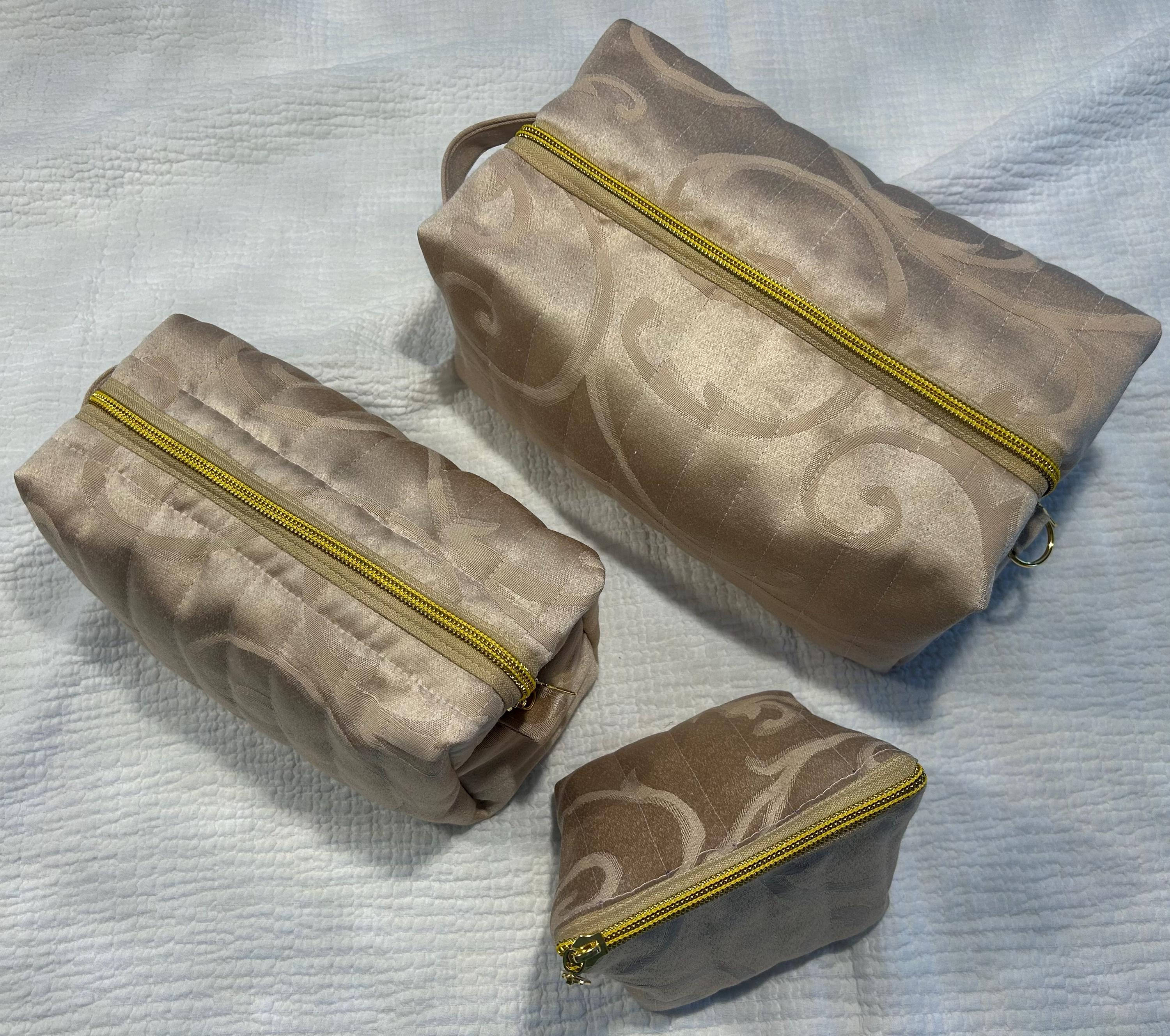 Quilted Makeup Bags: Beige & Gold Boxy Zipper Pouches - Set of 3 or individual
