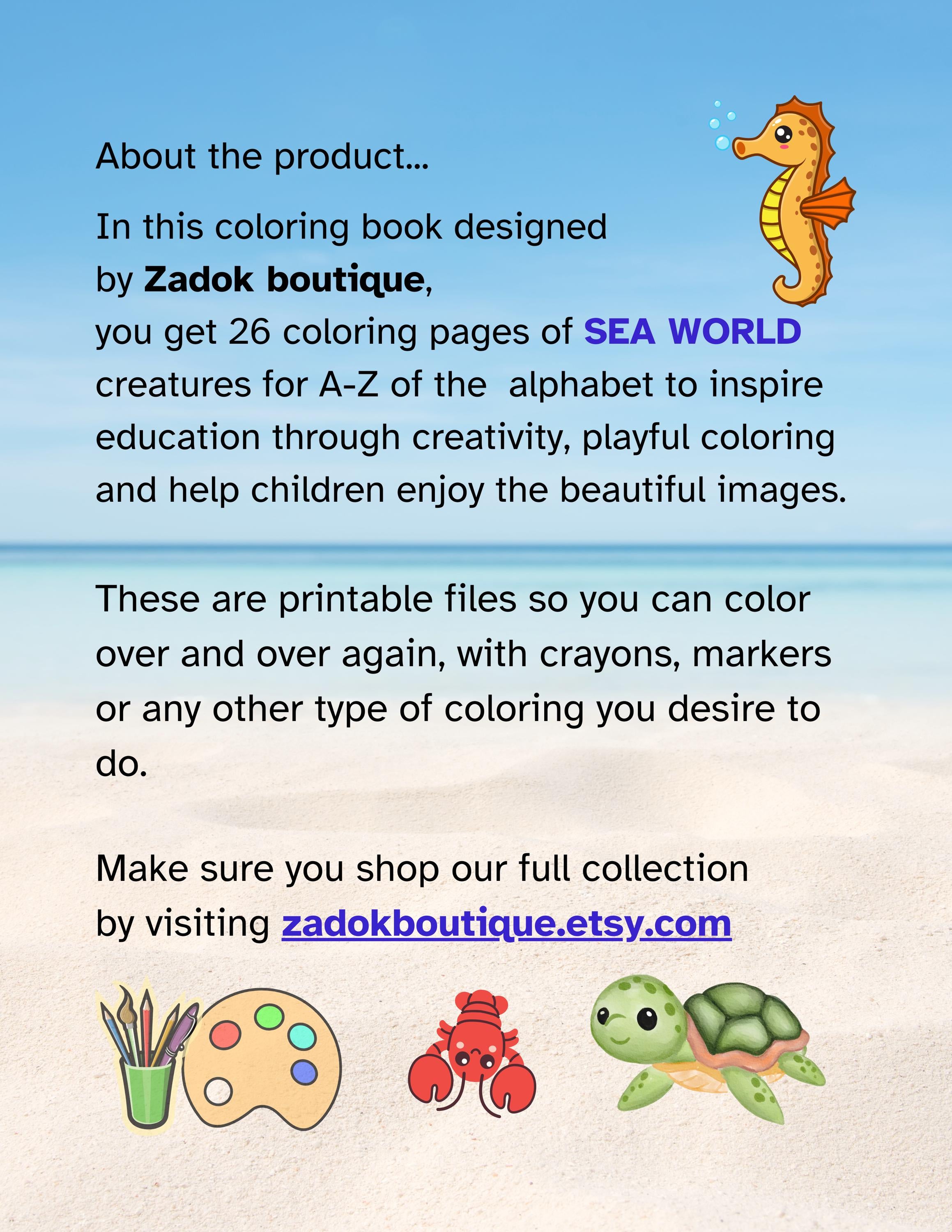 Sea World Coloring Pages A-Z: Children's Alphabet (PDF Download)