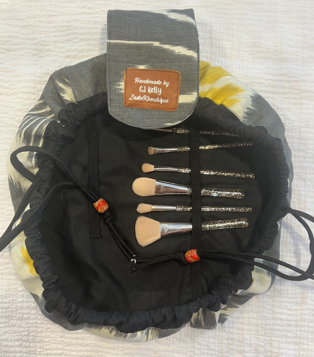 Handmade Drawstring Makeup Bag: Open-Flat Cosmetic Organizer - Gray/Yellow